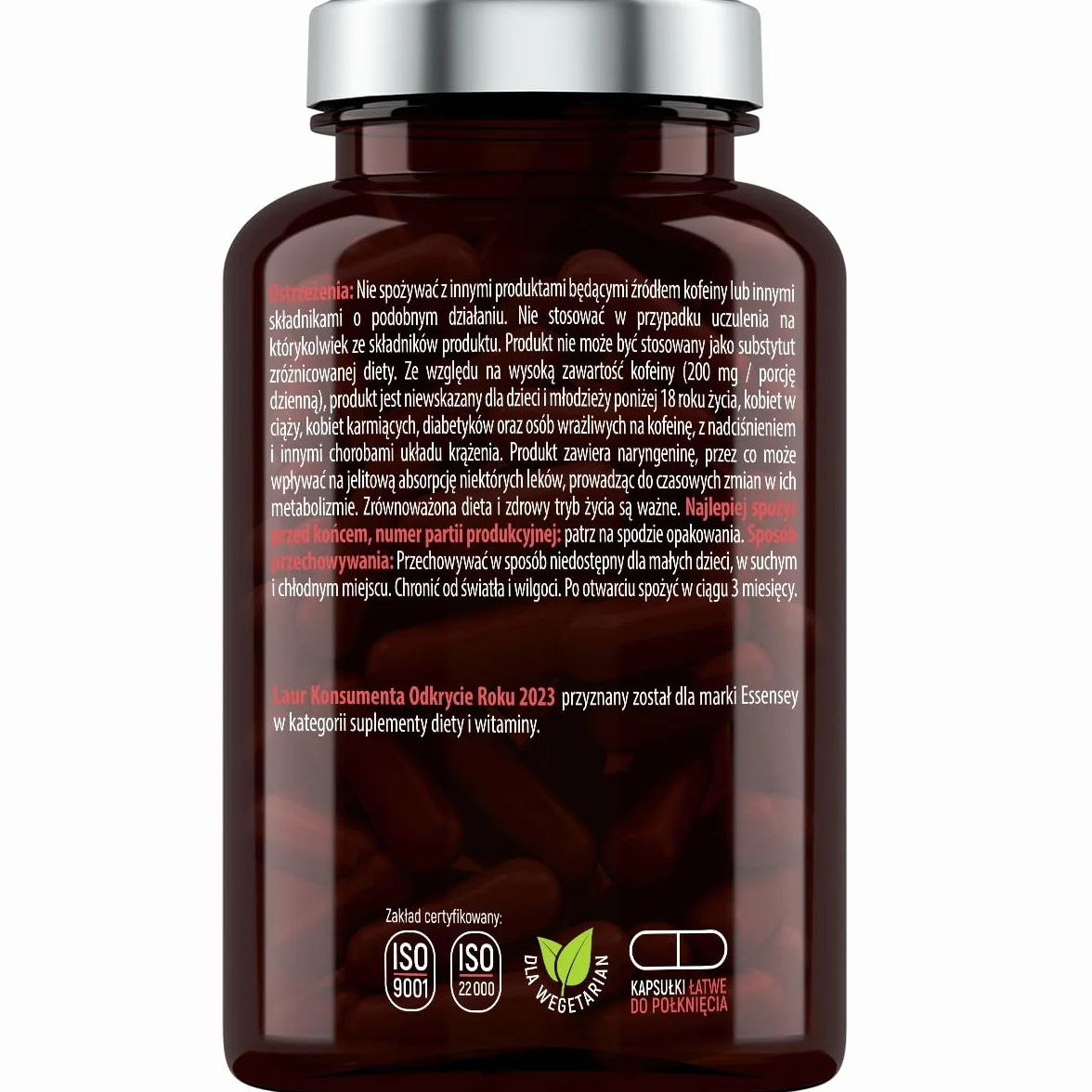 Kapsułki z Kofeiną 200 mg 120 Kapsułek Ekstrakt z grejpfruta 50 mg Naryngenina 49 mg Dla wegetarian