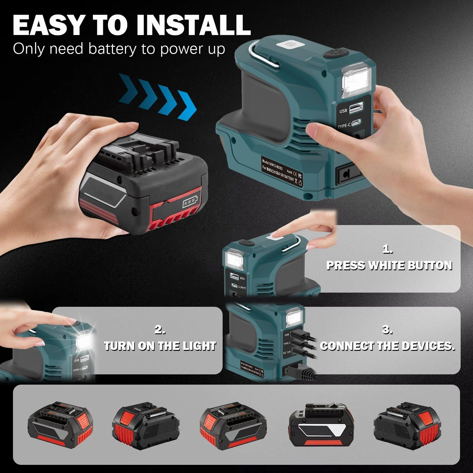 Falownik akumulatorowy 220W do akumulatora Bosch GBA 18V, przetwornik napięcia DC 18V na AC 220V adapter ze złączem USB typu C DC12V i lampą LED, agregat awaryjny do campingu (akumulator nie jest
