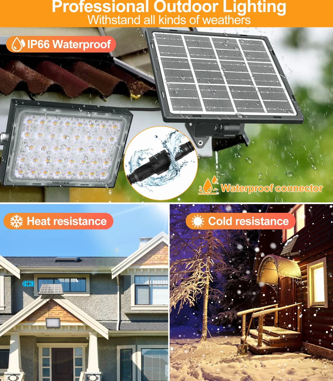 MEIKEE Zewnętrzny reflektor solarny z 78 diodami LED, pilot zdalnego sterowania, 3 tryby świecenia, jasność i kolor, wodoszczelność IP66, do ogrodu, garażu, tarasu