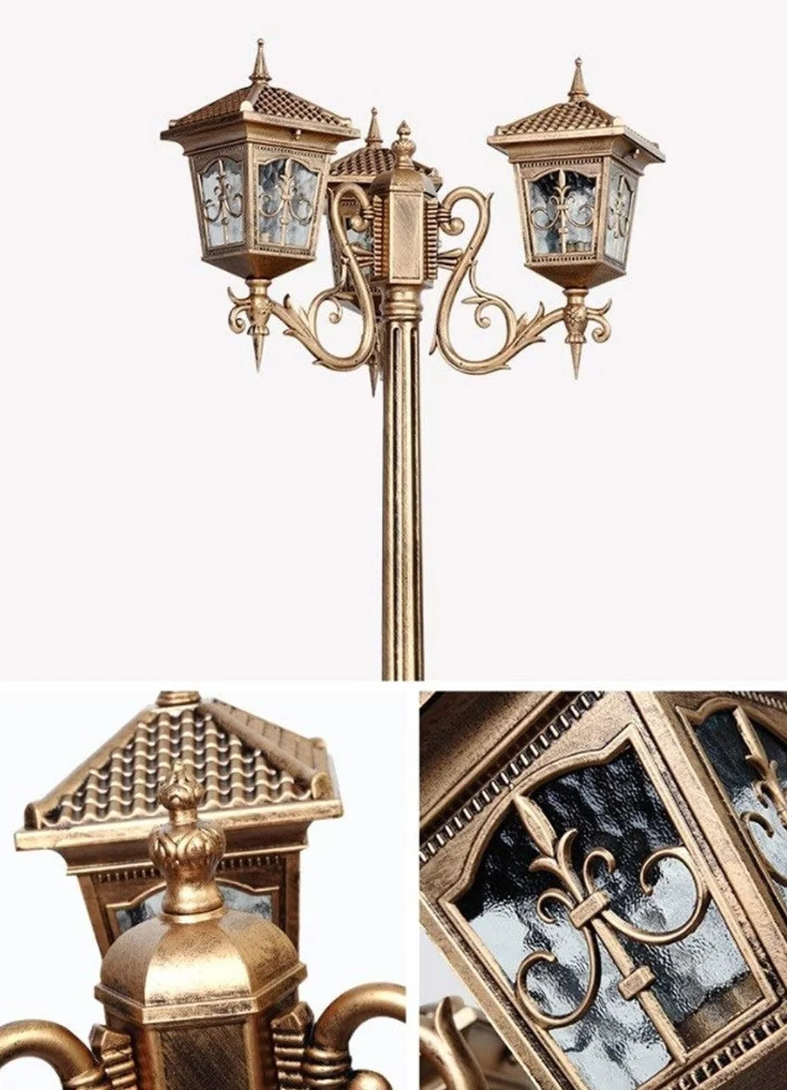 Lampy Solarne Na Słupku, Zewnętrzne Lampy Uliczne, 3-Światła, Europejska Tradycja, Wodoodporna Lampa Uliczna, Zewnętrzne Lampy Na Słupku, Antyczne Aluminium, Metal,Brown-2.05M