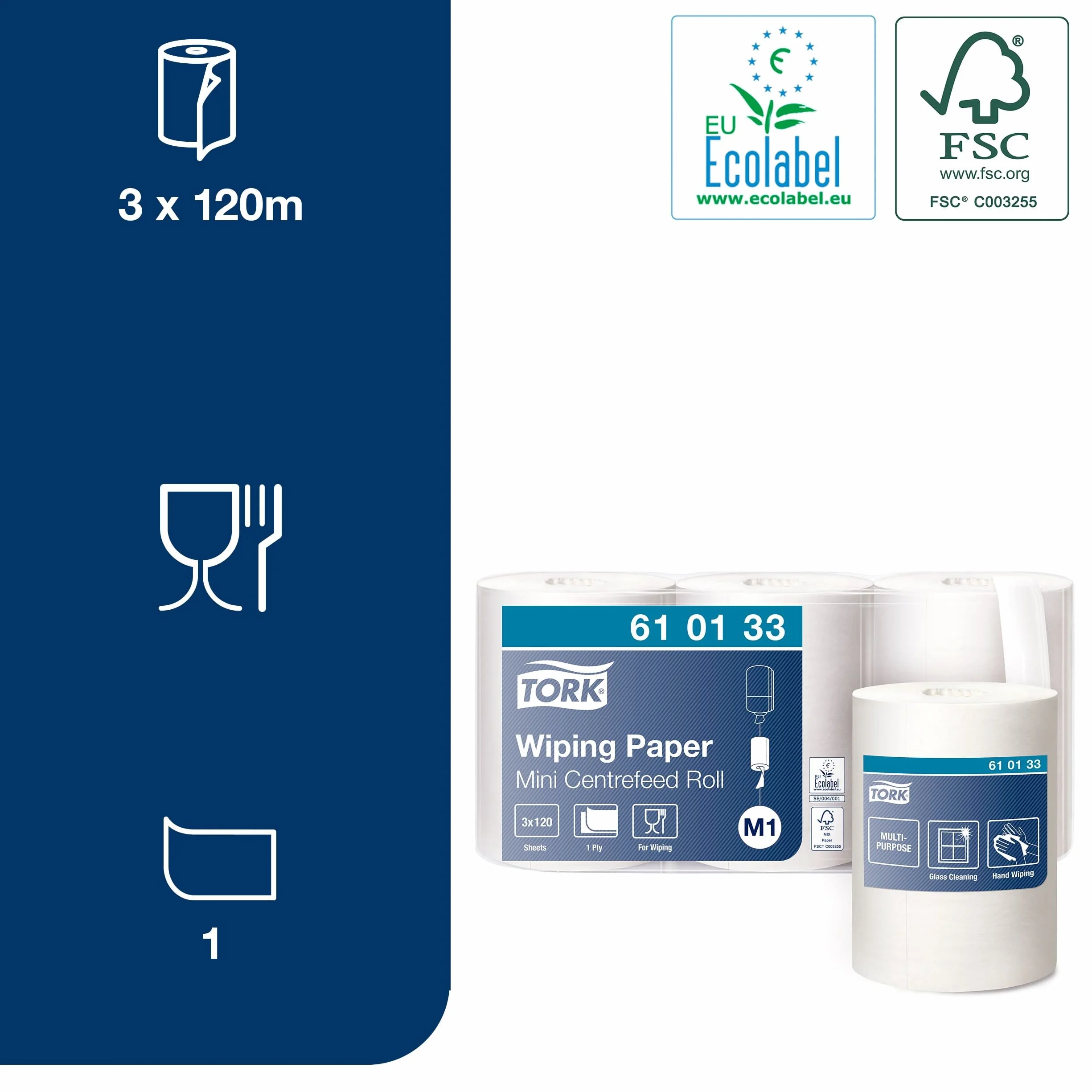 Tork 610133 wielofunkcyjne chusteczki papierowe do odwijania wewnętrznego M1 mini system dozownika / 1-warstwowy stabilny papier w kolorze białym / 3 x 120 m