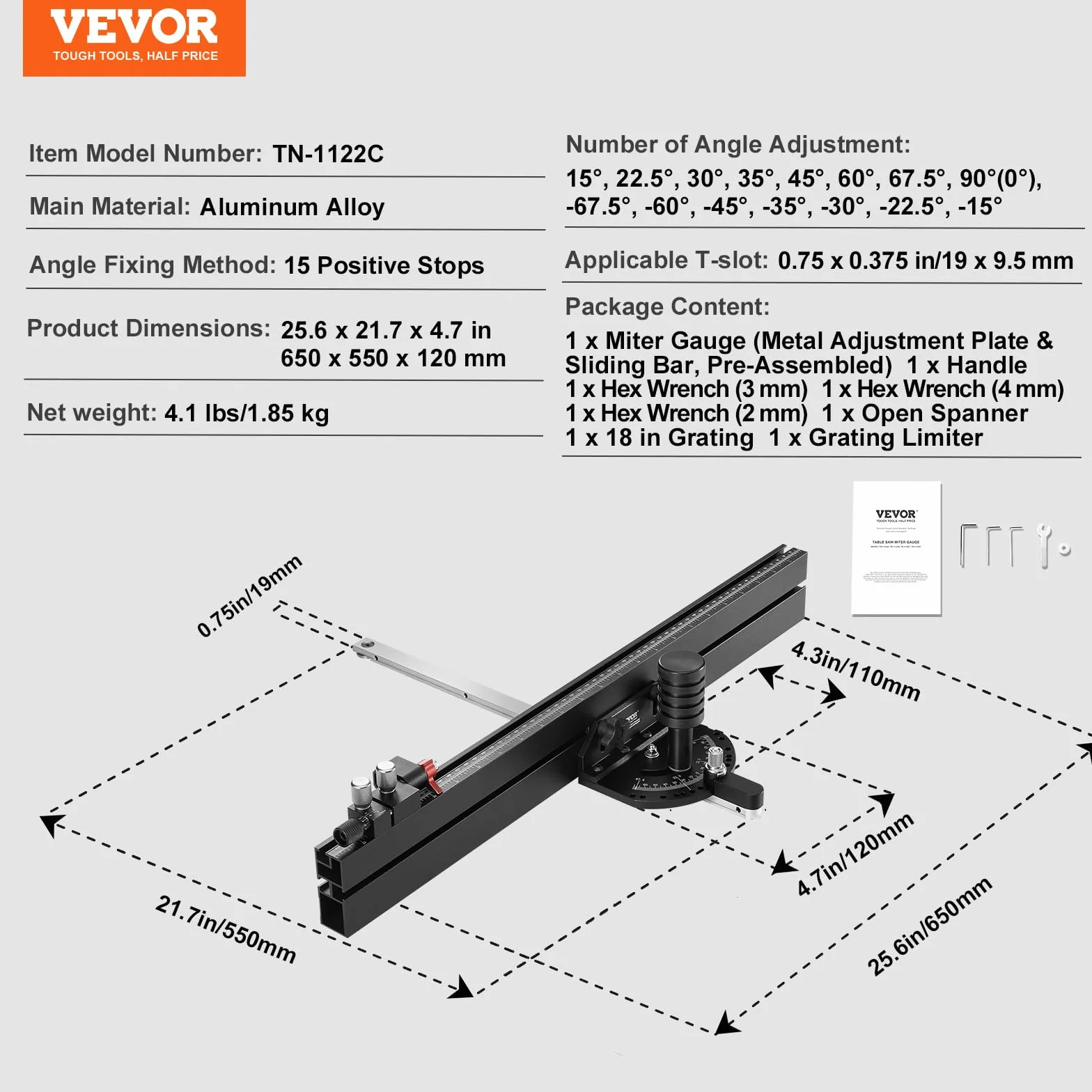 VEVOR Ogranicznik skośny, standardowa szczelina 19 x 9,5 mm, ogranicznik piły stołowej ze stopu aluminium z siatką ok. 61 cm, 15 ograniczników kątowych, tłok i zdejmowana tarcza, do obróbki drewna