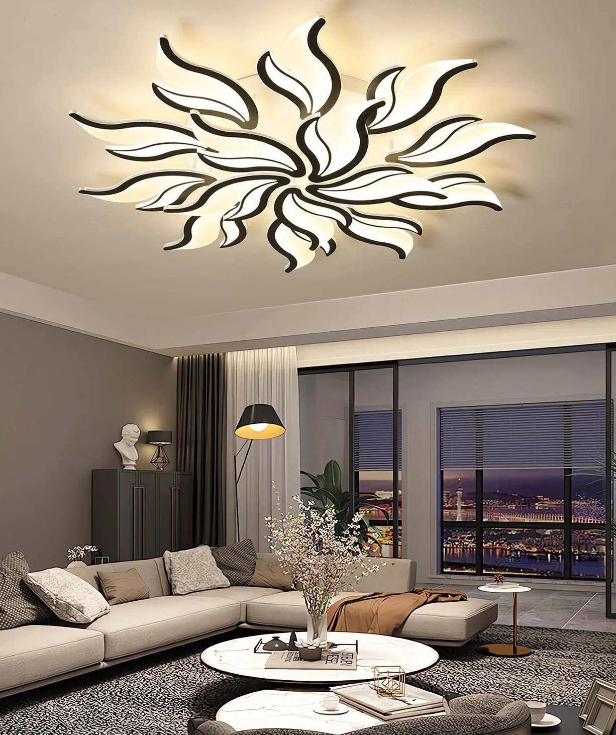 0W ściemnialna lampa sufitowa LED z pilotem zdalnego sterowania,czarna lampa sufitowa,nowoczesna oprawa oświetleniowa z 15 głowicami akrylowymi,100 cm,do salonu,sypialni,restauracji (Czarny, Φ100cm)