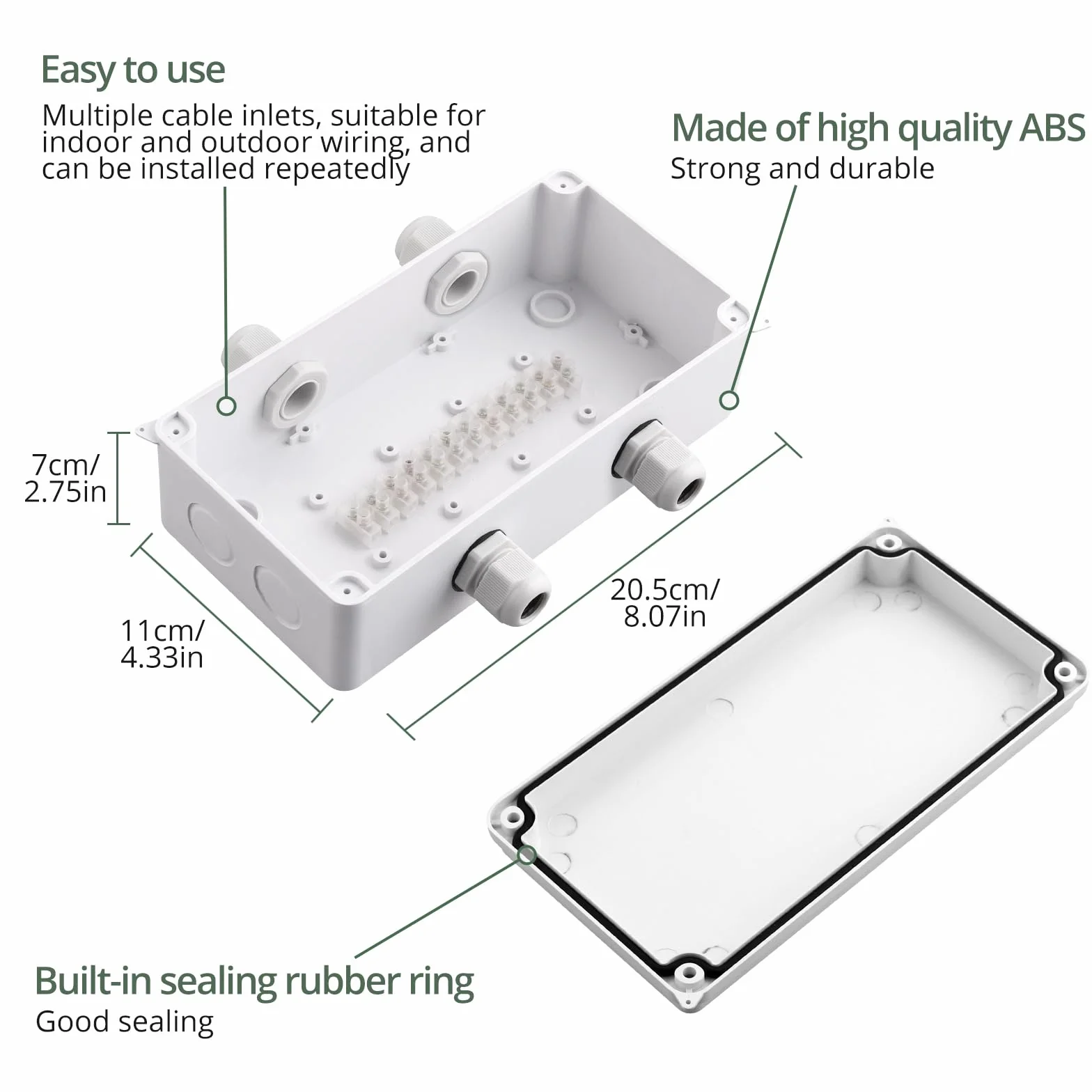 EYPINS Puszki rozgałęźne IP65 wodoszczelne, puszka rozdzielcza natynkowa 200 x 110 x 70 mm ze śrubą i wodoszczelnymi dławikami kablowymi, kolor biały