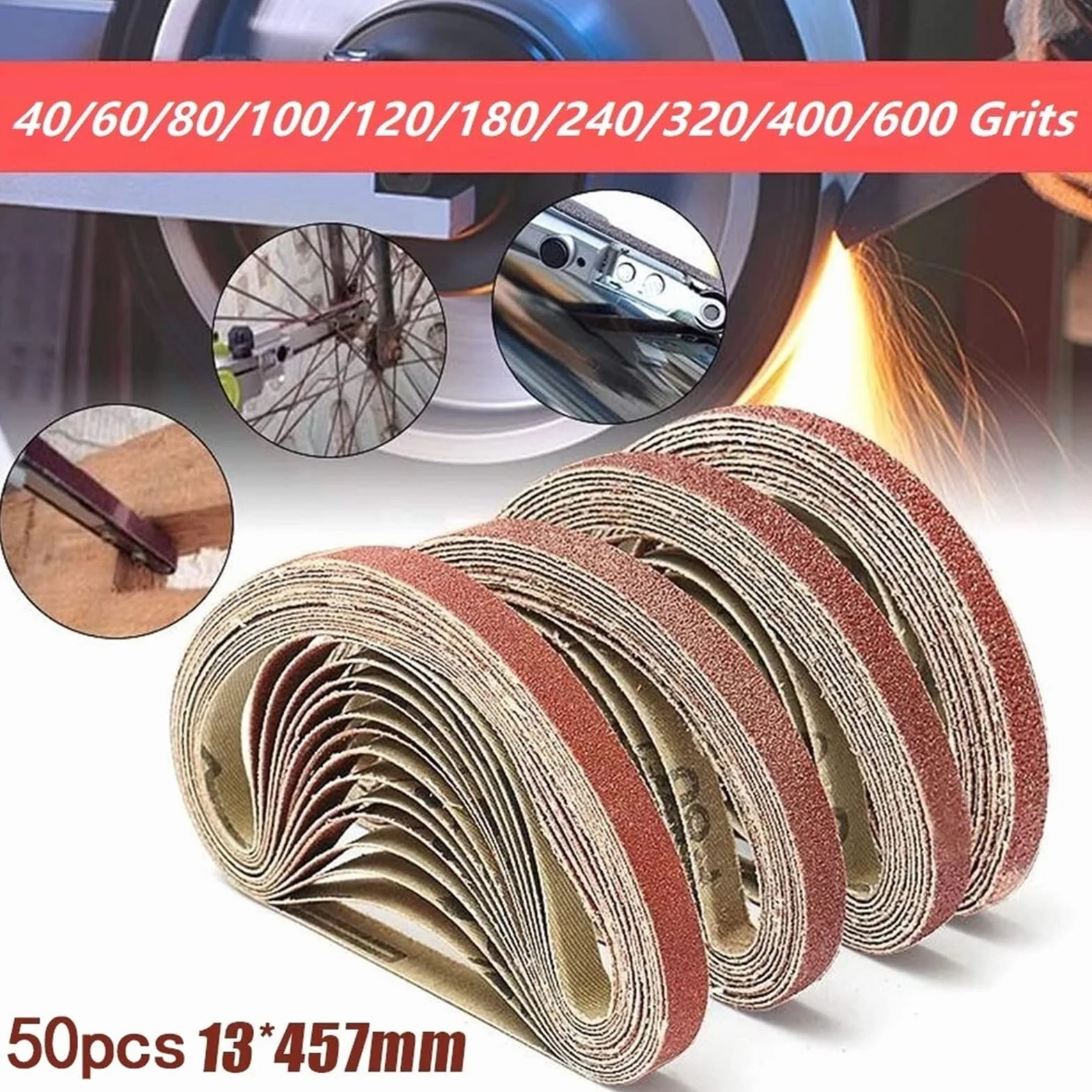 Rolka papieru ściernego, drobny papier ścierny, 50 szt. Taśma szlifierska do przenośnych szlifierek szlifierskich 457x13 mm papiery ścierne drewno metal papier ścierny materiał ścierny 40-600 (kolor: