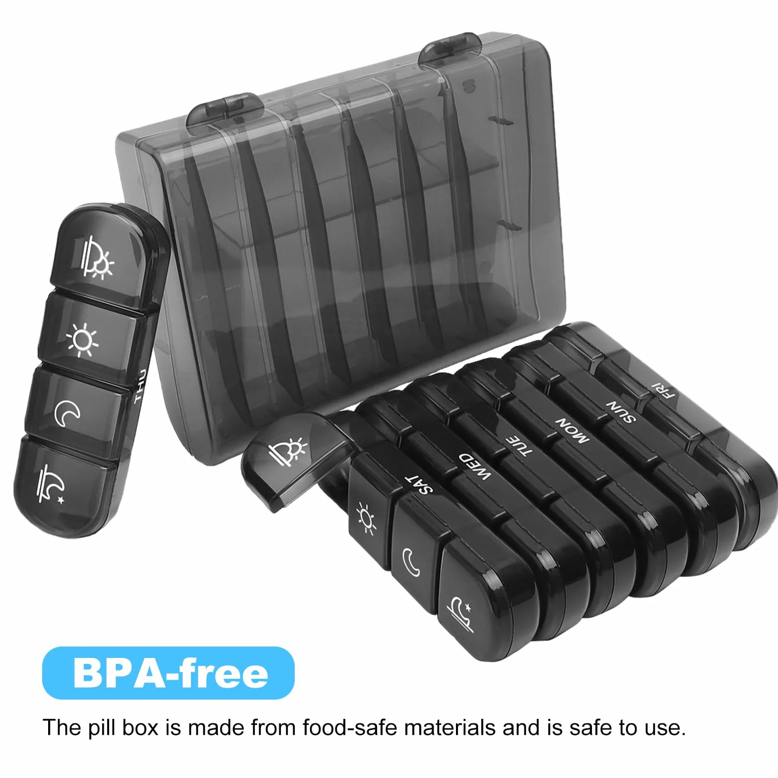 Pudełko na tabletki, 7 dni, 28 przegródek, bez BPA, z czarnym etui i mini szczotką, pudełko na tabletki 7 dni rano w południe, wieczorem, duże przegródki, pudełko na suplement do podróży i na co dzień