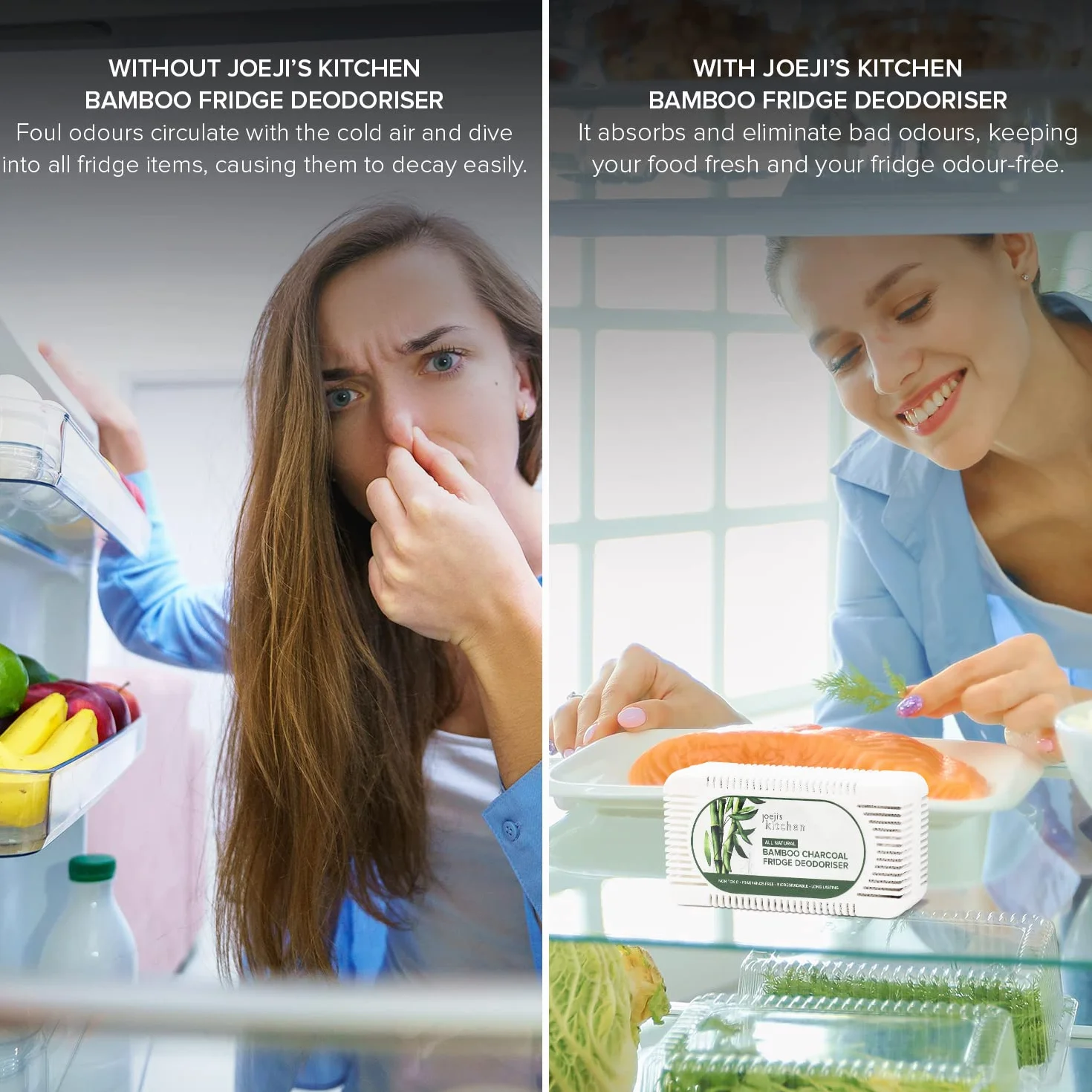 Joeji's Kitchen 2 szt. bambusowych aktywnych węgli do lodówki, oczyszczacz powietrza – przyjazny dla środowiska neutralizator zapachów – osuszacz powietrza z naturalnego bambusa