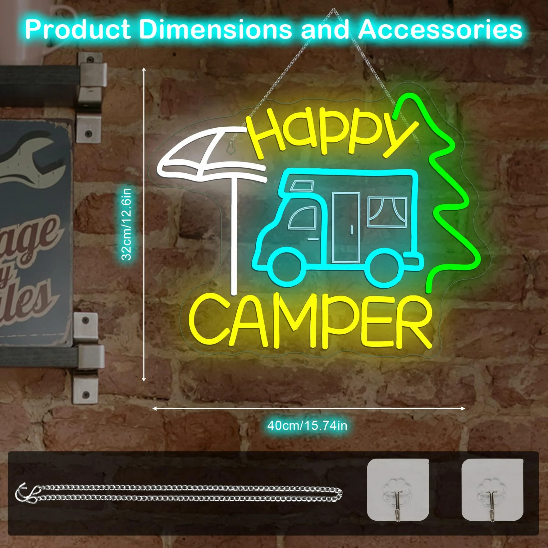 Szyld neonowy Happy Camper LED napis do kamperów reklama świetlna dekoracja kemping ogród