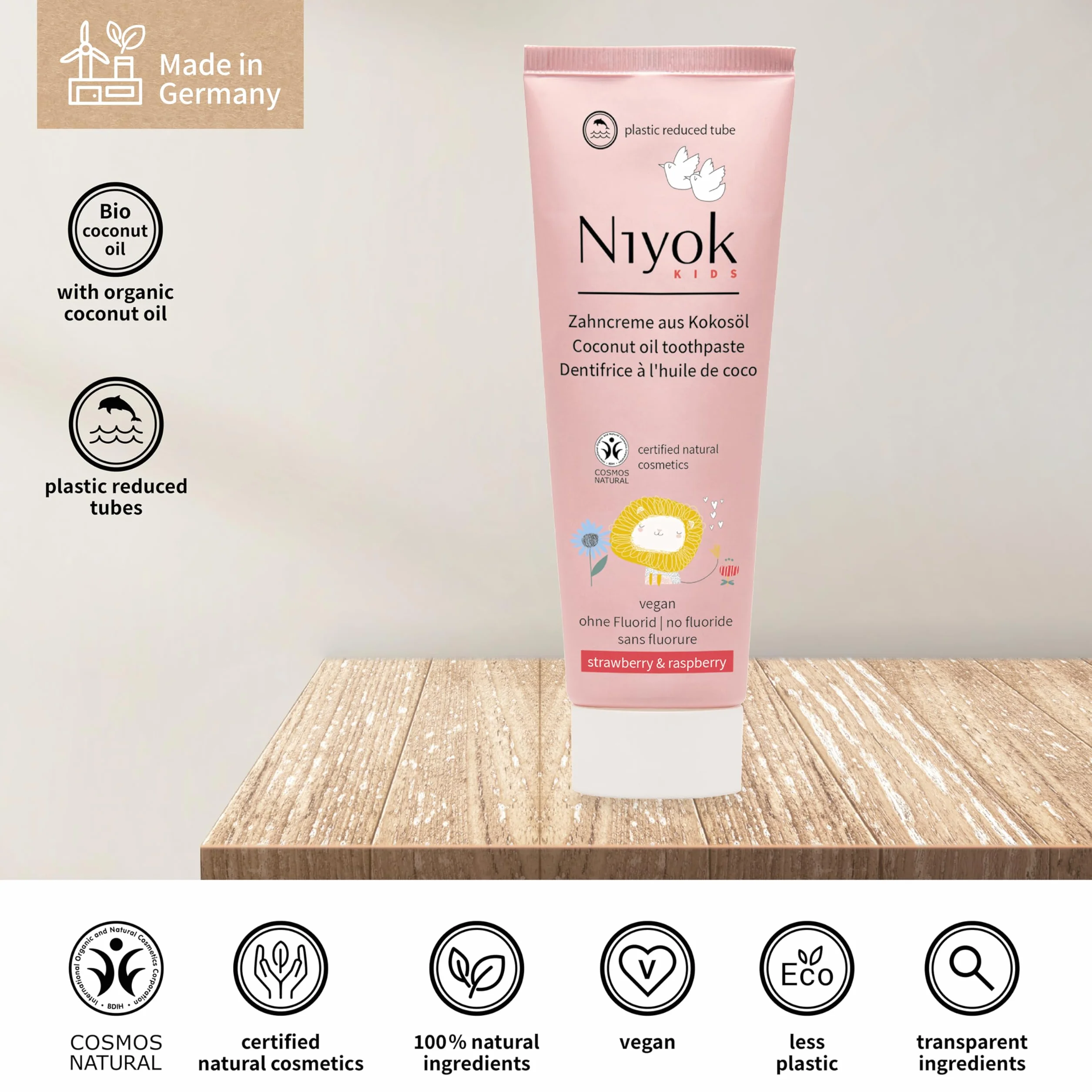 Niyok® Pasta do z?bów z olejkiem kokosowym bez fluorku i mikroplastiku | Bio naturalny kosmetyk dla dzieci | ksylit zio?owy | naturalna pasta do z?bów wega?ska | dla dzieci truskawka i malina (75 ml)