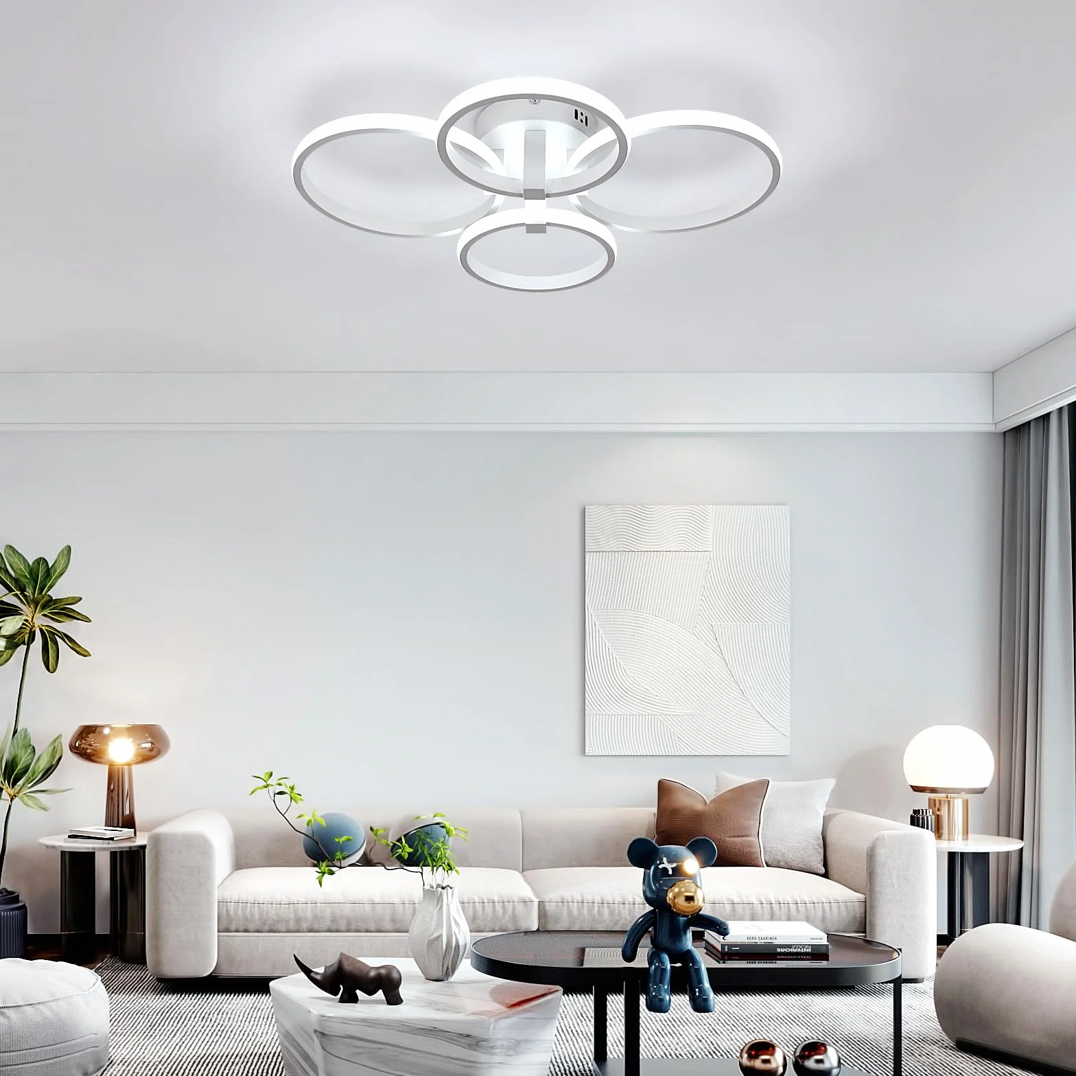 Nowoczesna lampa sufitowa LED, 48W 5400LM okrągła lampa sufitowa LED, metalowy biały żyrandol LED do salonu, sypialni, kuchni, jadalni, 6500K zimne białe światło