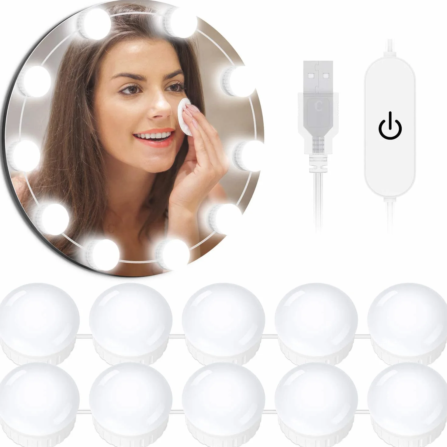 OUSFOT Lampa LED do lustra, styl Hollywood, oświetlenie do makijażu z przełącznikiem, 10 ściemnianych, regulowana długość, zimna biel, opakowanie wielokrotnego użytku (ciepła biel)
