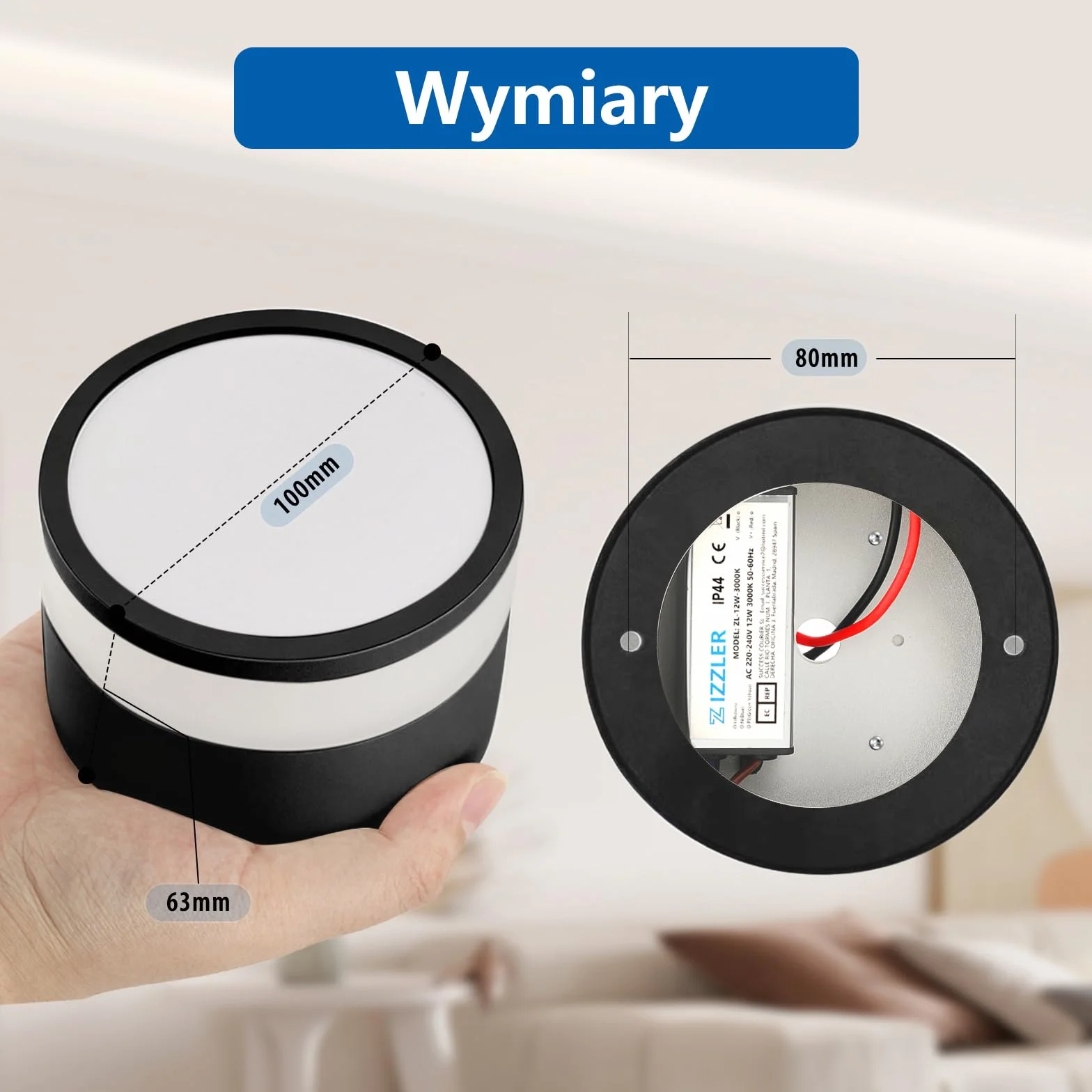 2 szt Reflektor Natynkowy Czarna IP44 Wodoodporna, Do Łazienki, Kuchni, Salonu i Holu, LED Ciepła Biel 3000K, 12W 1100LM, Oświetlenie 230V dla Pomieszczeń Wilgotnych