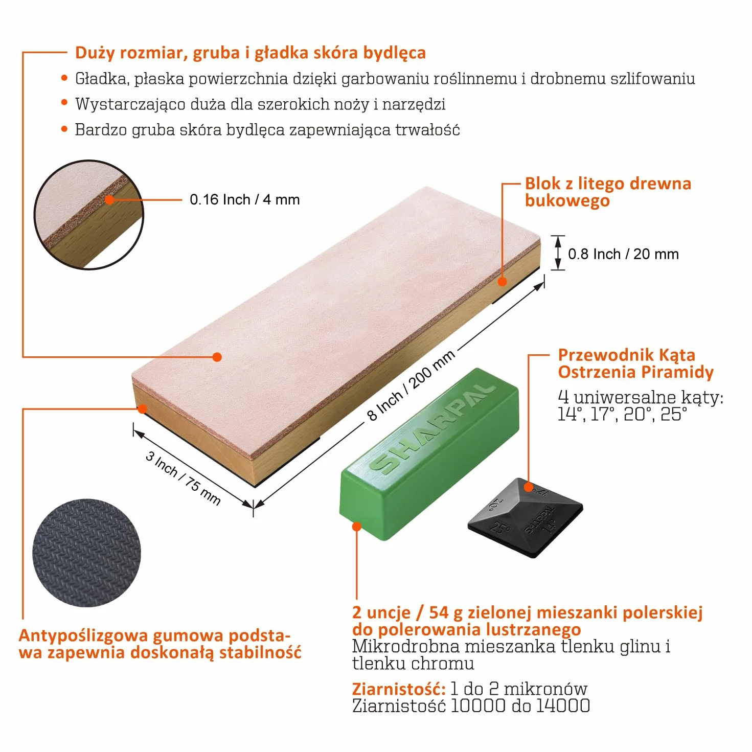 SHARPAL 204N skórzany pasek do smarowania (200 mm x 76 mm) zestaw z zieloną pastą polerską 55 g i prowadnicą kątową, blok do skrobania i wygładzania noży, zestaw skórzanych kamieni do ostrzenia