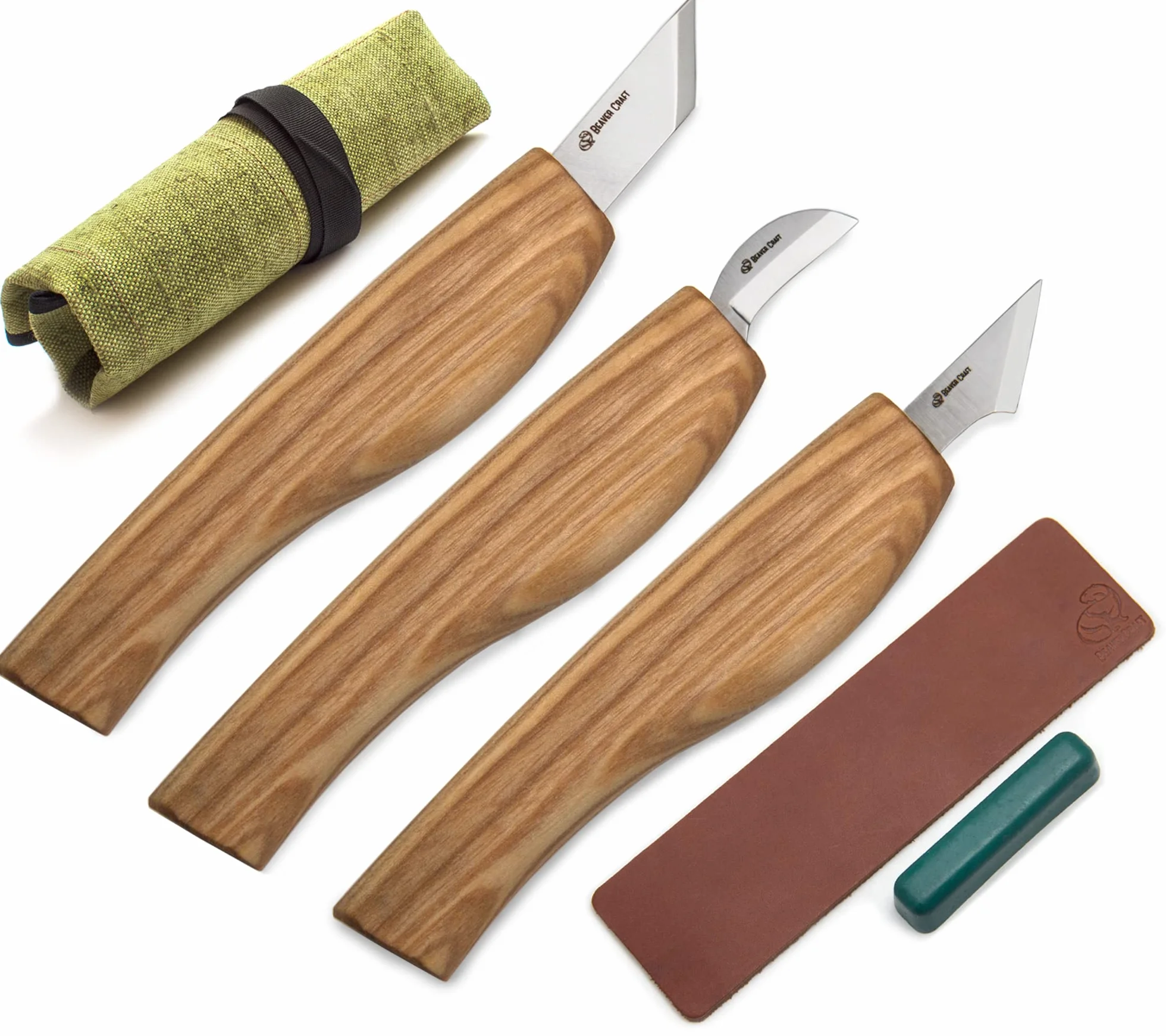 BeaverCraft Zestaw noży rzeźbionych w drewnie S55 – zestaw do Whittling dla początkujących z nożami ze szczegółowymi chipami i skórzanym paskiem, narzędzia Whittling, hobby dla mężczyzn