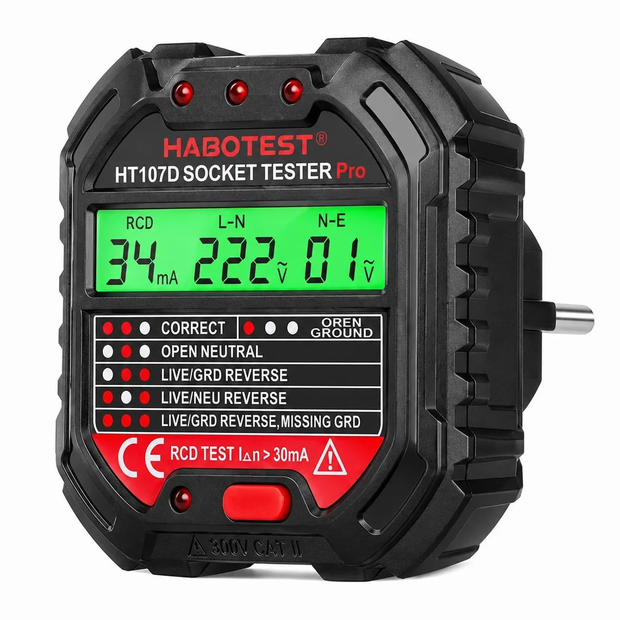 VOBOR Tester gniazd z kontrolką RCD i wyświetlaczem napięcia LCD, 6 rodzajów diagnostyki błędów, tester napięcia FI z wyświetlaczem kontrolnym 90-250 V/45-65 Hz, CAT ll 300 V