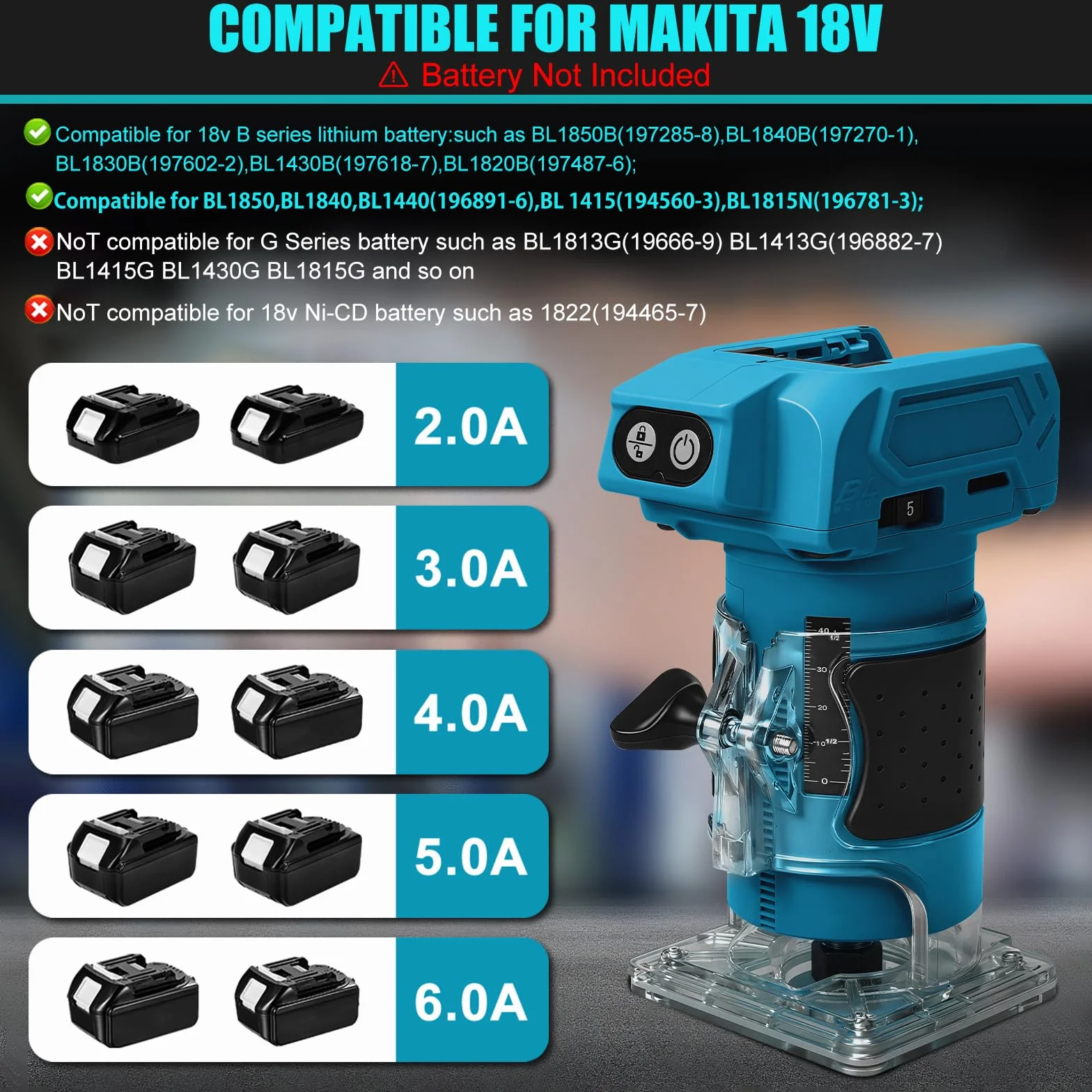 Akumulatorowa frezarka górnowrzecionowa kompatybilna z akumulatorem Makita 18 V, 800 W, bezszczotkowa frezarka krawędziowa, zestaw 5 prędkości, tuleja zaciskowa 6,35 mm, 30 000 obr./min akumulatorowa