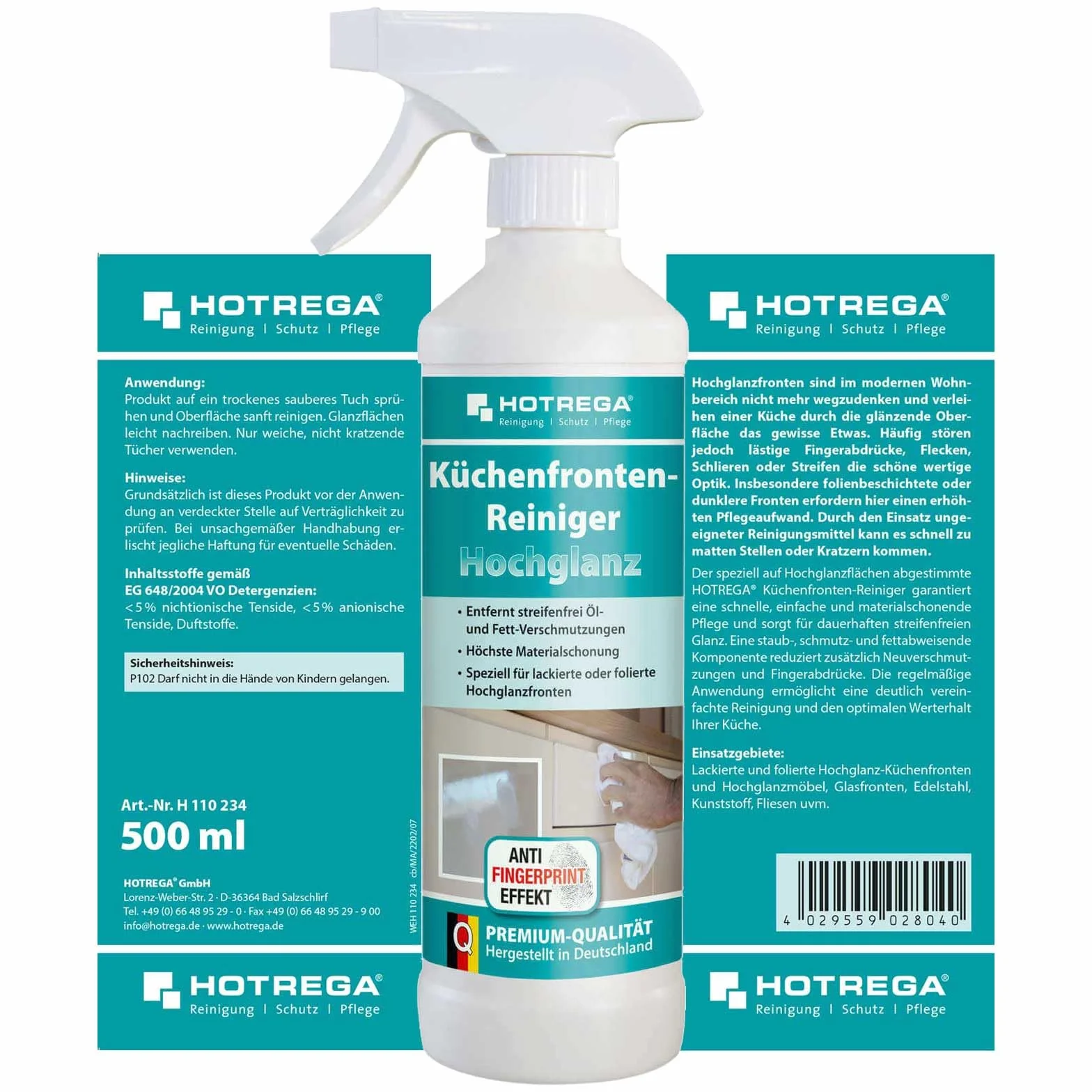 HOTREGA Środek do czyszczenia frontów kuchennych, wysoki połysk, 500 ml – czyszczenie kuchni, intensywny środek do czyszczenia frontów (500 ml)