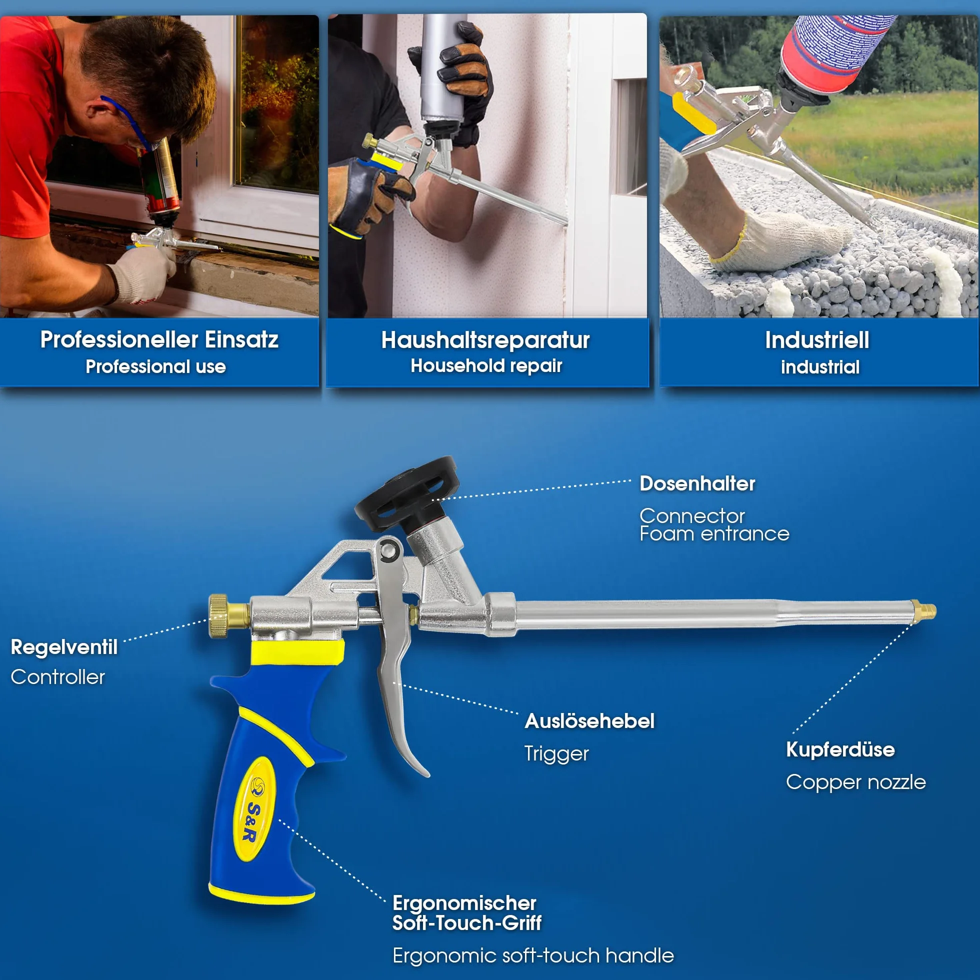 S&R Pistolet do piany, pistolet dozujący przemysłowy do puszek z pianki budowlanej, ergonomiczny uchwyt, powłoka teflonowa