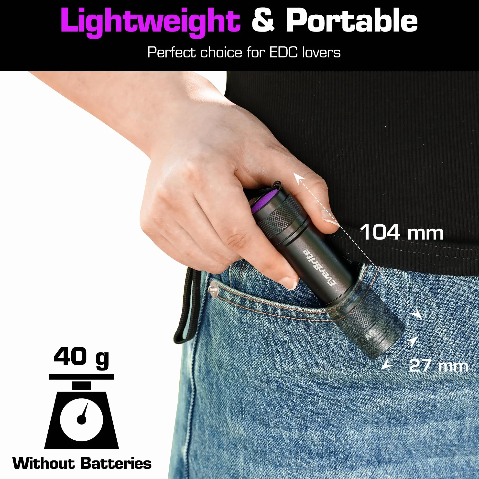 EverBrite Latarka UV 365 nm, czarne światło z 1 W LED i aluminiową obudową, antypoślizgowy uchwyt, czas pracy 18 godzin, wykrywacz moczu zwierząt domowych dla psów i kotów, tester banknotów