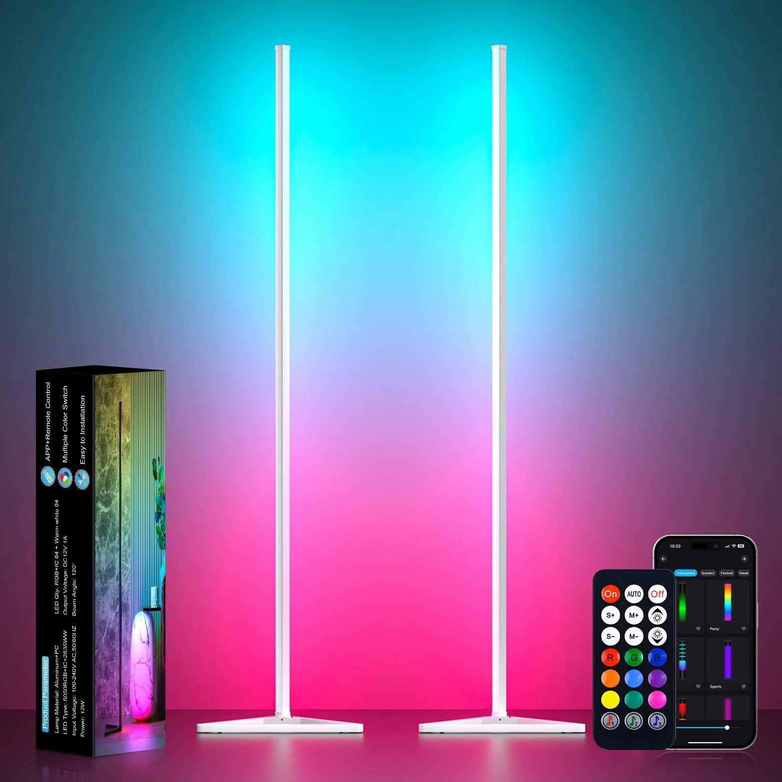 Lampa stojąca LED, 2 sztuki, 140 cm, RGBIC, możliwość ściemniania, z aplikacją, wysokość DIY zdejmowana, 16 milionów kolorów, 300 trybów scenerii, synchronizacja muzyki, programator czasowy