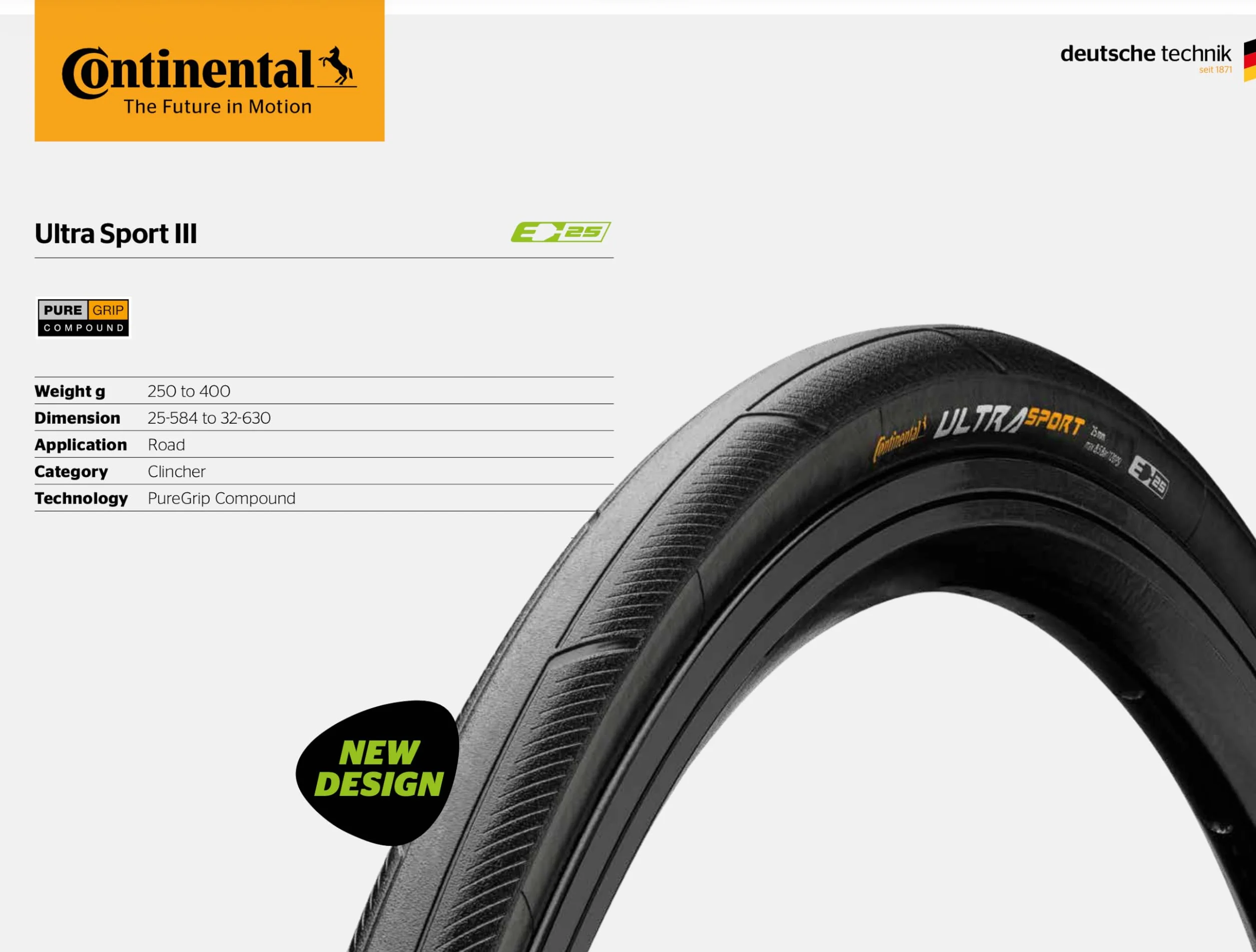 Continental Ultra Sport III PureGrip Performance, E25 Opona składana, czarna lub czarno-brązowa, 650, 700x 23, 25, 28 lub 32