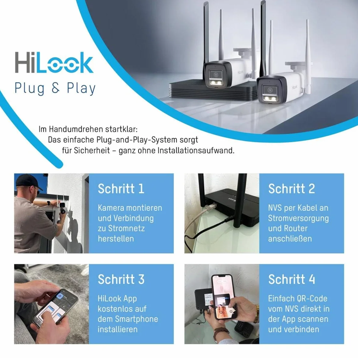 HiLook Zestaw do monitoringu WLAN do użytku na zewnątrz, 2 x 4 MP kamery Bullet, WiFi NVS z gniazdem micro-SD, kompletny zestaw do użytku na zewnątrz, rozpoznawanie ludzi i pojazdu, widoczność w nocy
