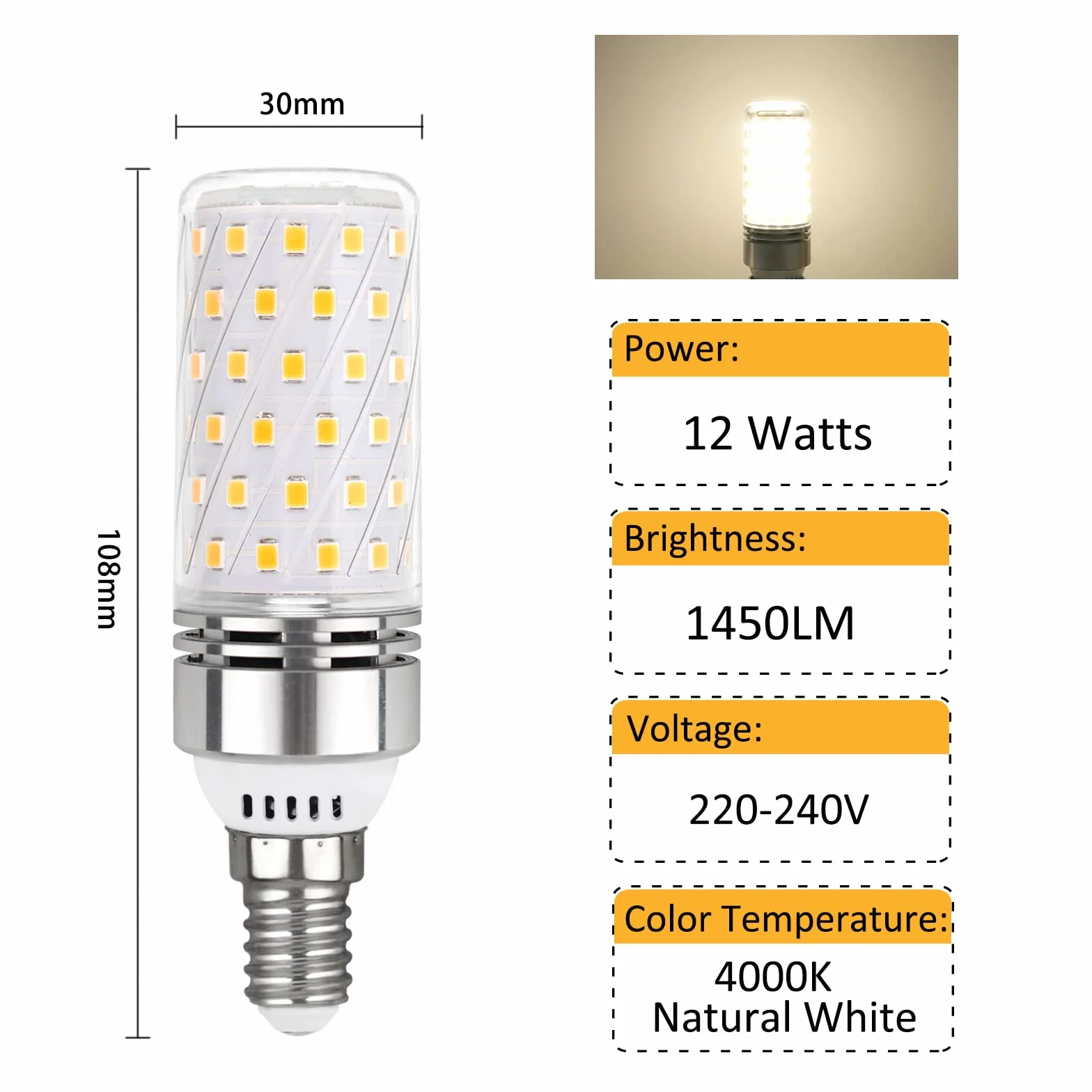 Lot de 2 ampoules LED E14 12 W Blanc naturel 4000 K 1450 lm, 230 V, équivalent aux ampoules halogènes E14 100 W, petites vis, ampoules de plafond SES, non dimmables
