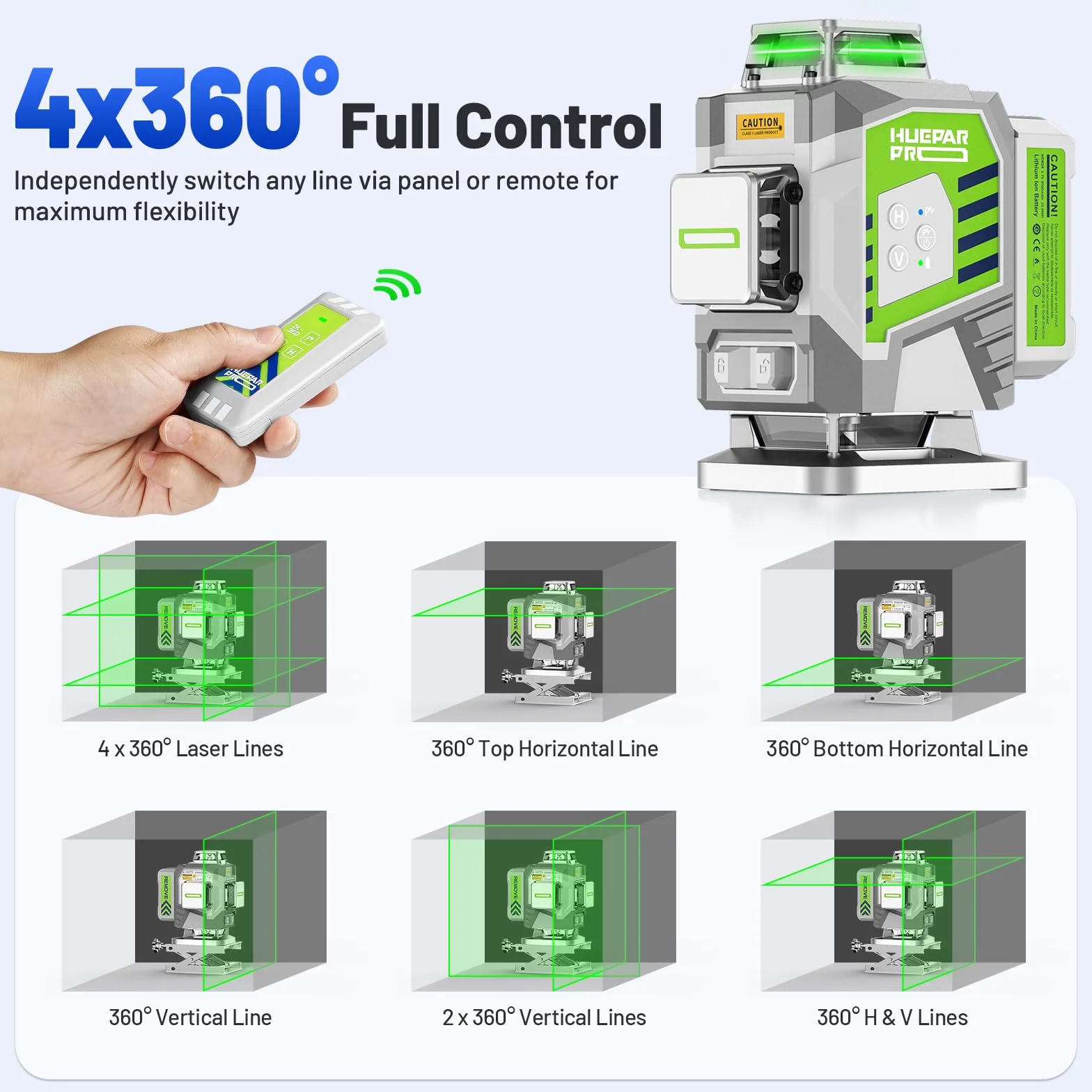 Huepar Pro Samopoziomujący 4 x 360° Zielona poziomica laserowa narzędzie do budownictwa - Wysoka dokładność, 8000mAh akumulator litowo-jonowy, Pilot zdalnego sterowania i twardy pokrowiec