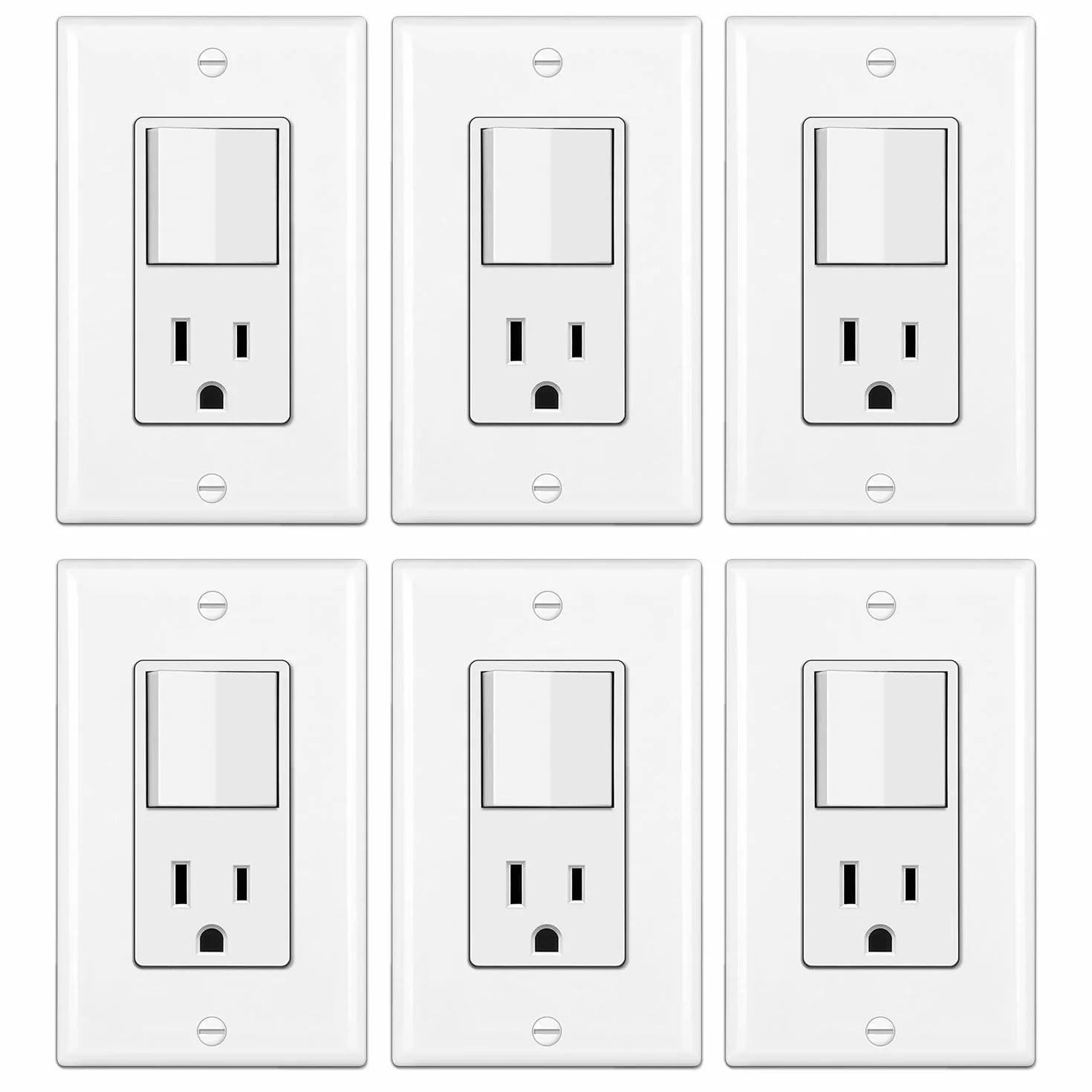 BESTTEN [Zestaw 6] Przełącznik ścienny Combo i dekoracyjne gniazdko elektryczne, jednobiegunowy przełącznik kołyskowy, 15A/120V, dekoracyjne gniazdo, 15A/125V, styl kombinowany,