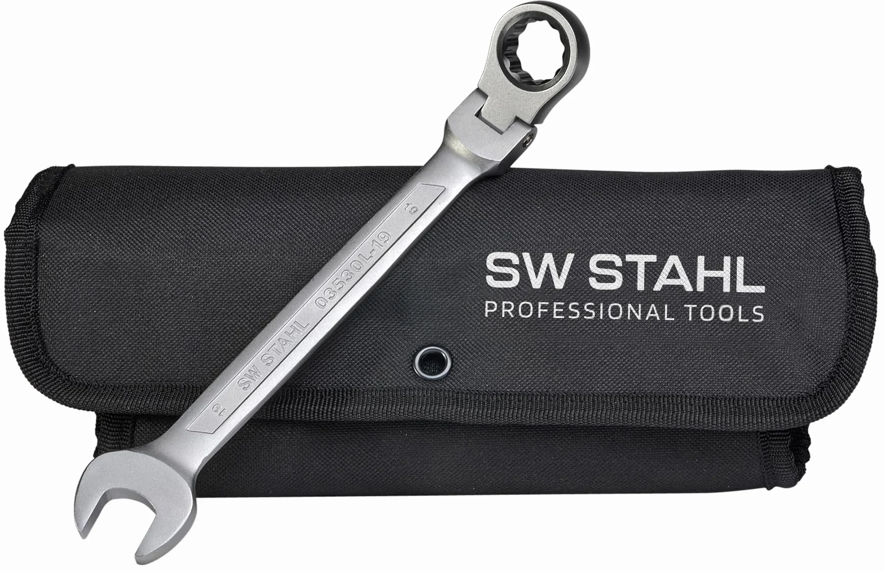 SW-Stahl 03530L Zestaw Kluczy Płasko-Oczkowych z Grzechotką, 8-19 mm | Zestaw 12 kluczy ze stali chromowo-wanadowej, drobne uzębienie 72 zęby, w praktycznym etui z funkcją zwijania.