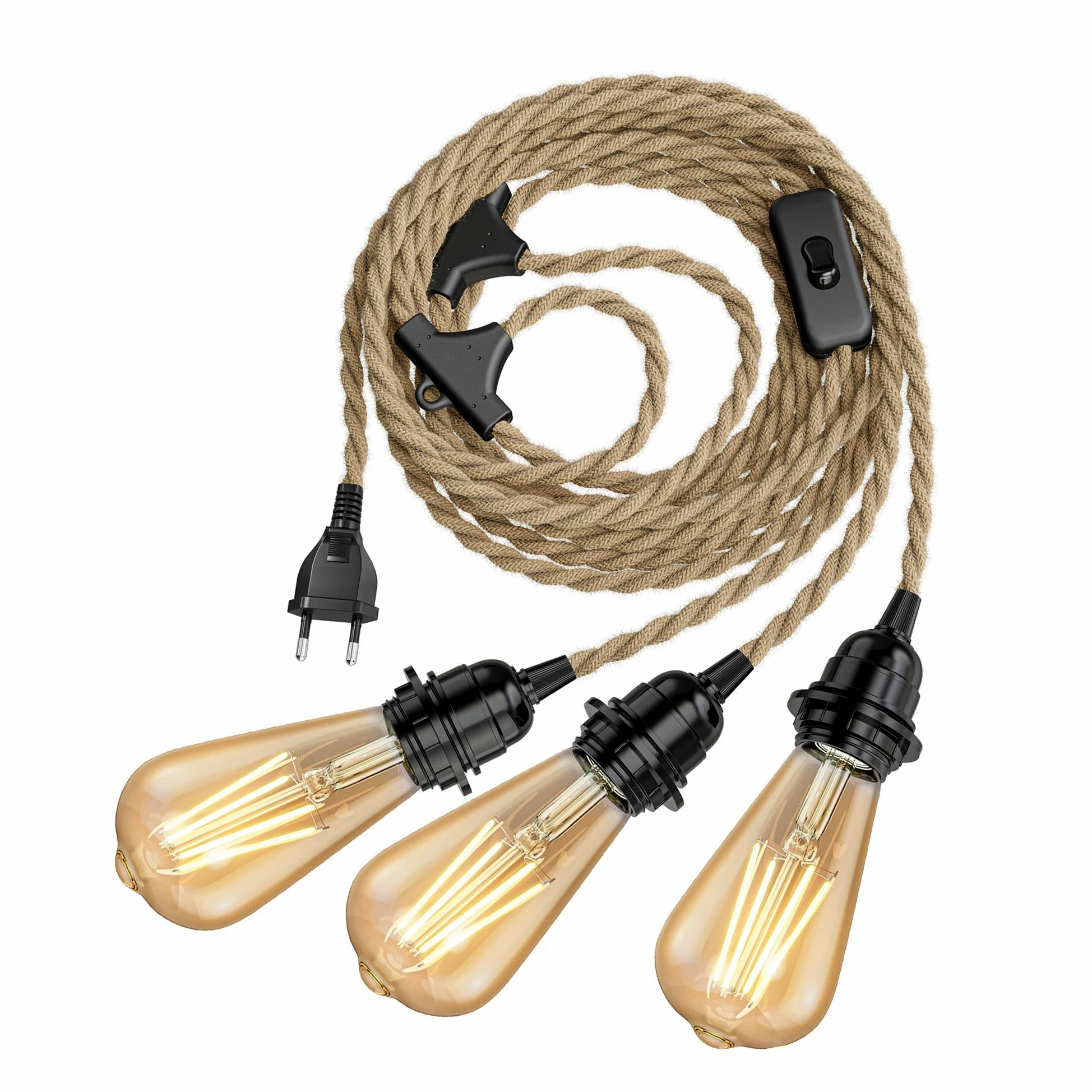 ledscom.de Kabel konopny LEKA, wtyczka, przełącznik, 8 m, gniazdo lampy, w tym 3x żarówki LED E27, ST64 (4 W, 489 lm, bardzo ciepła biel)