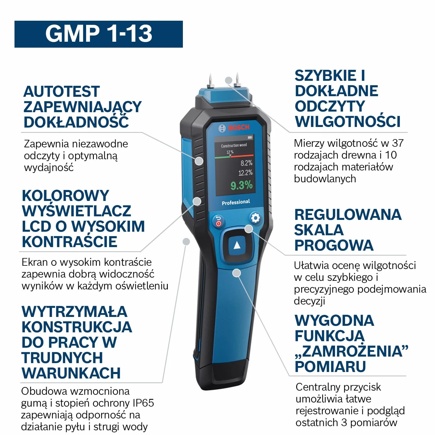 Bosch Professional Wilgotnościomierz GMP 1-13 (z pinami, mierzy 37 rodzajów drewna i 10 rodzajów materiałów budowlanych, IP65, wyświetlacz LCD o wysokim kontraście, 2 baterie AA, pokrowiec)