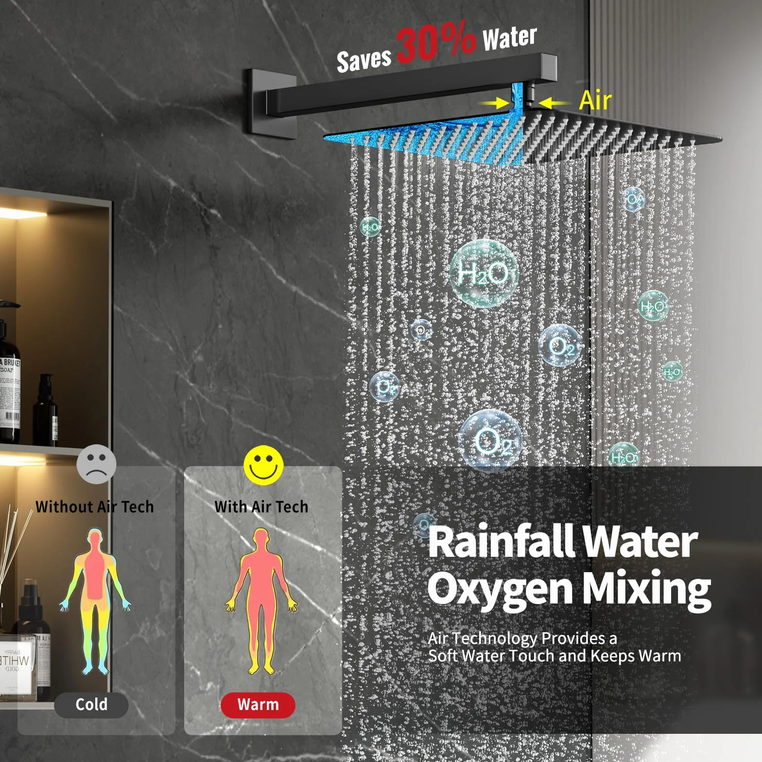 Rainsworth Wbudowany zestaw prysznicowy, zestaw prysznicowy z wpuszczanym kablem prysznicowym, czarny system prysznicowy z głowicą prysznicową 30 x 30 cm