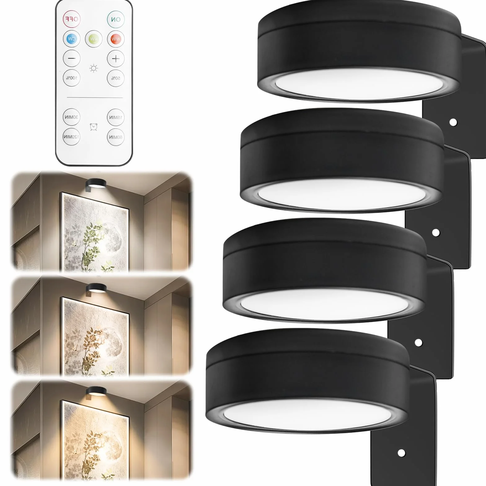 GOMETY Zestaw 4 lamp ściennych z pilotem zdalnego sterowania, lampa ścienna LED, 3 tryby kolorów, możliwość ściemniania, ramka na zdjęcia, magnetyczne oświetlenie witryny