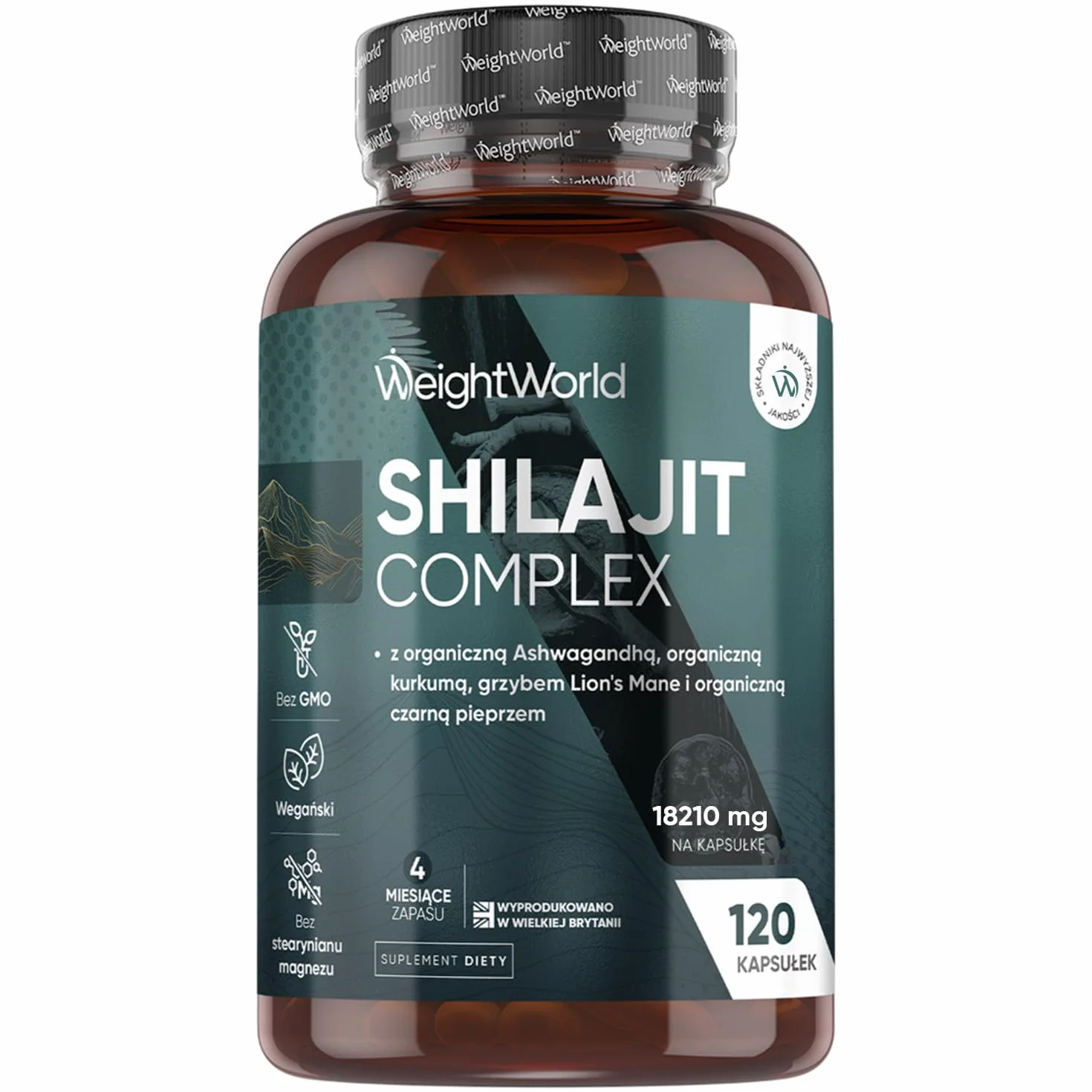 Shilajit Complex 18210 mg 120 Kapsułek Ashwagandha Soplówka Jeżowata Kurkuma 16000 mg Proszek Wegański Bez GMO
