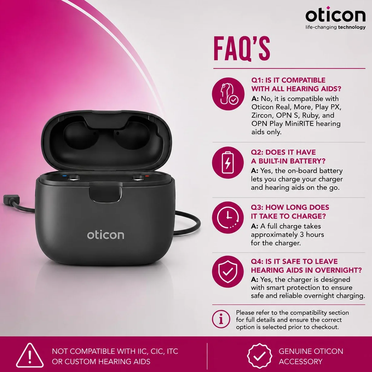 Inteligentna ładowarka Oticon 1.0 – kompatybilna tylko z aparatami słuchowymi Oticon Real, More, Play PX, Cyrkon, OPN S, Ruby i OPN Play MiniRITE