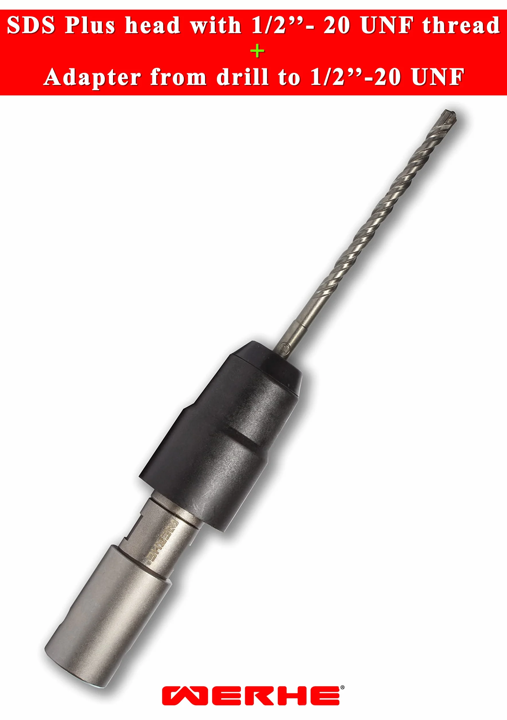 UNF WERHE adapter uchwytu wiertarskiego SDS Plus na 1/2-20 | do wiertarek udarowych, metal, tworzywo sztuczne, szerokość 42 mm, długość 102 mm, 380 g, szybka wymiana, klucz standardowy