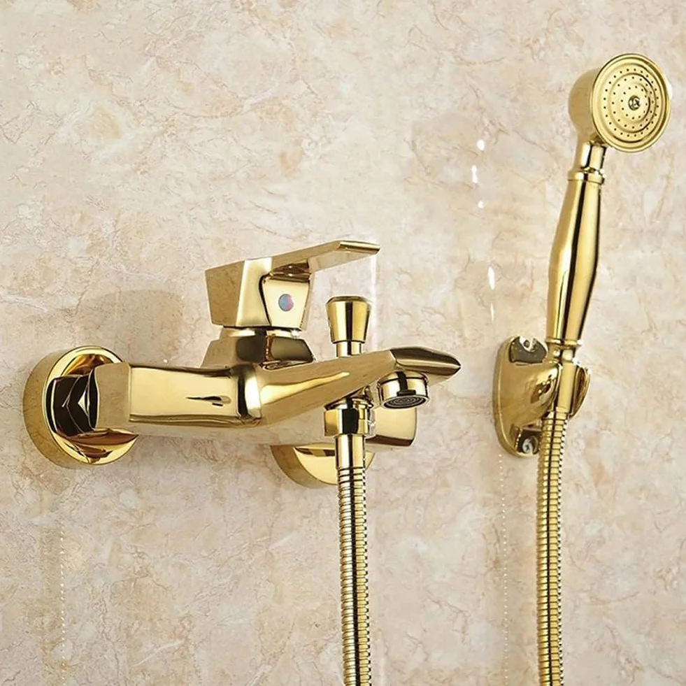 Gold D Bateria wannowa z mieszaczem do montażu na ścianie, mosiężna bateria z prysznicem ręcznym, wąż i wspornik 150 cm, luksusowa armatura łazienkowa do nowoczesnych wanien