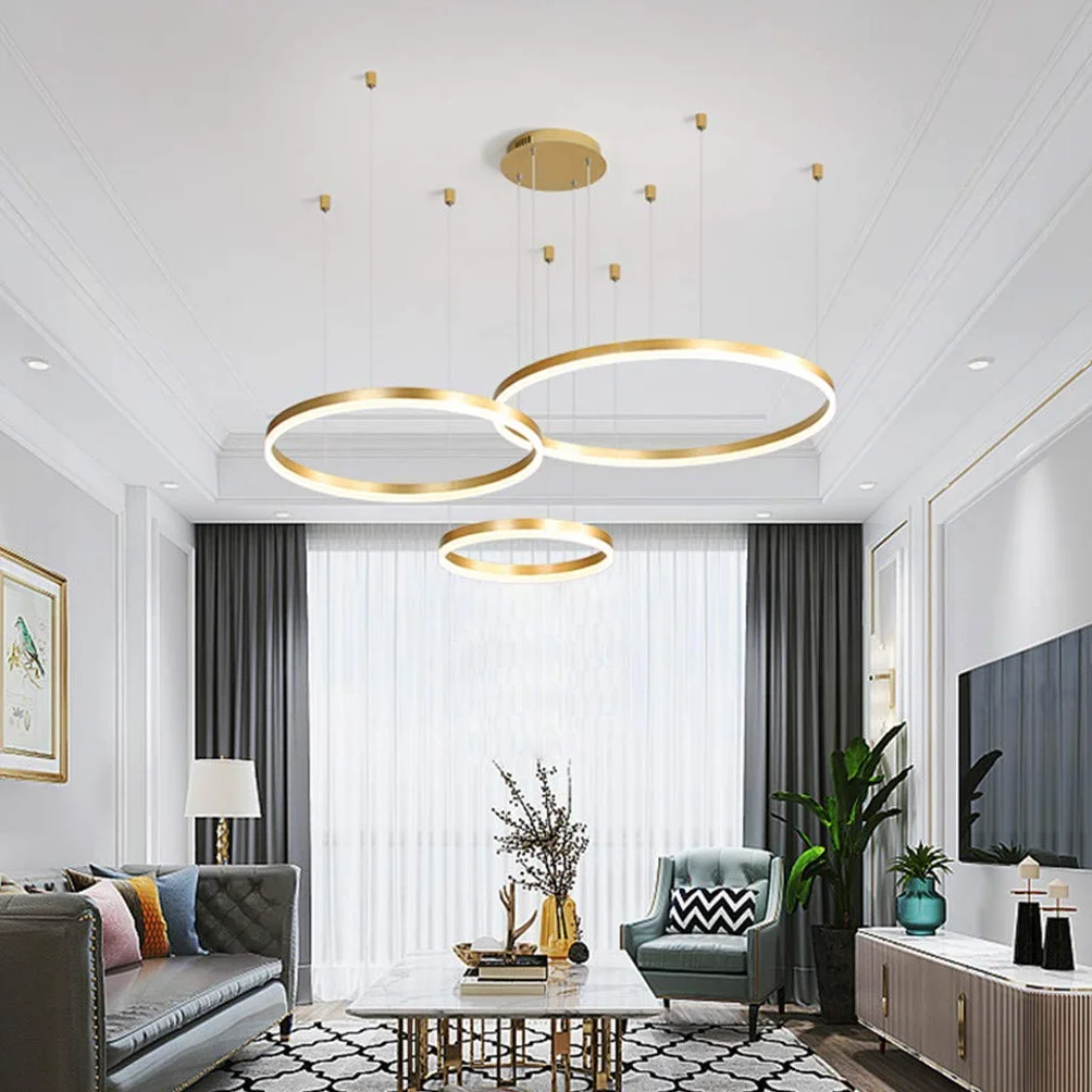 Lampa wisząca LED, do jadalni, do salonu, przyciemniana, z pilotem zdalnego sterowania, nowoczesny żyrandol, okrągły, z aluminium, akrylu, lampa sufitowa, 65 W, złota, 3 okręgi, 30 + 50 + 70 cm
