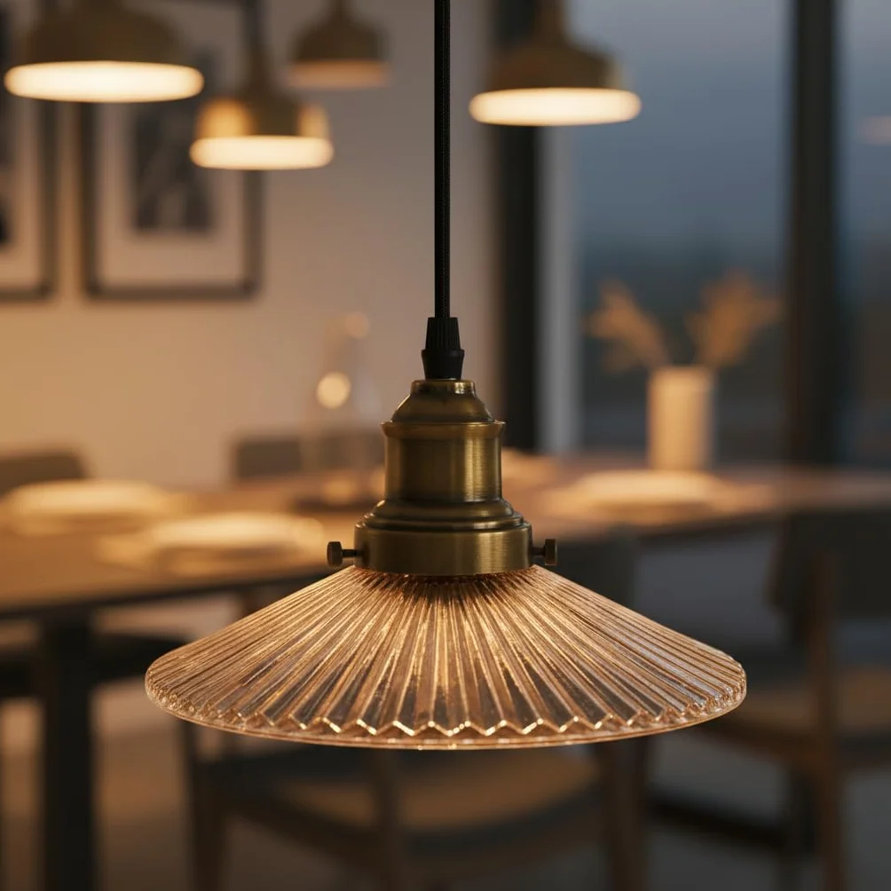 Długi żyrandol 3 światła żebrowany szklany sufit wisząca lampa wisząca | Nowoczesne wiszące lampy sufitowe z mosiądzu | odcienie 21 cm i regulowane kable 95 cm | do willi salonu przedsionka schodów