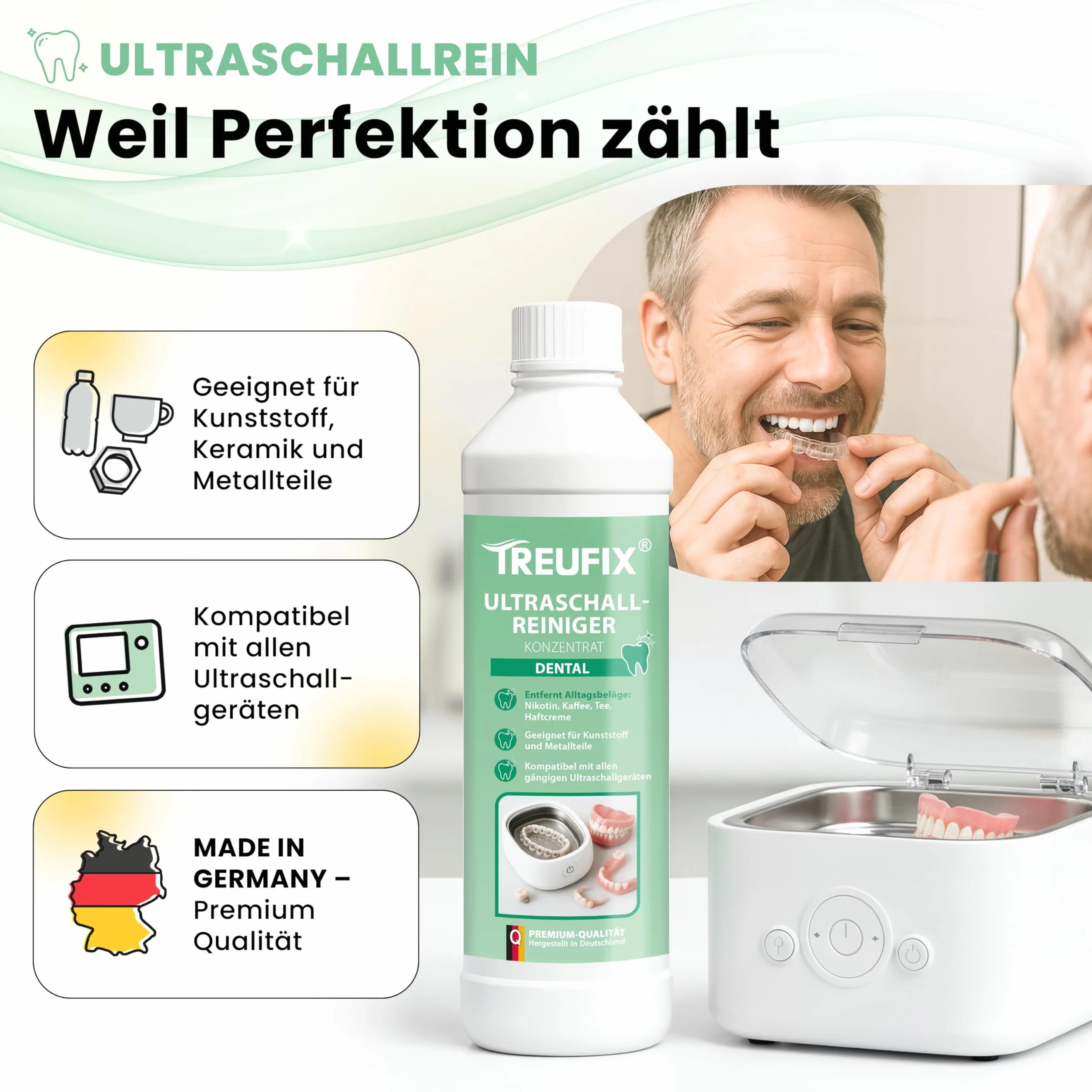 Treufix Koncentrat do czyszczenia ultradźwiękowego Dental 750 ml – do protez, protez, protez, spinek, szyn, skuteczne czyszczenie produktów dentystycznych, chroni materiał i efektywność – Made in DE