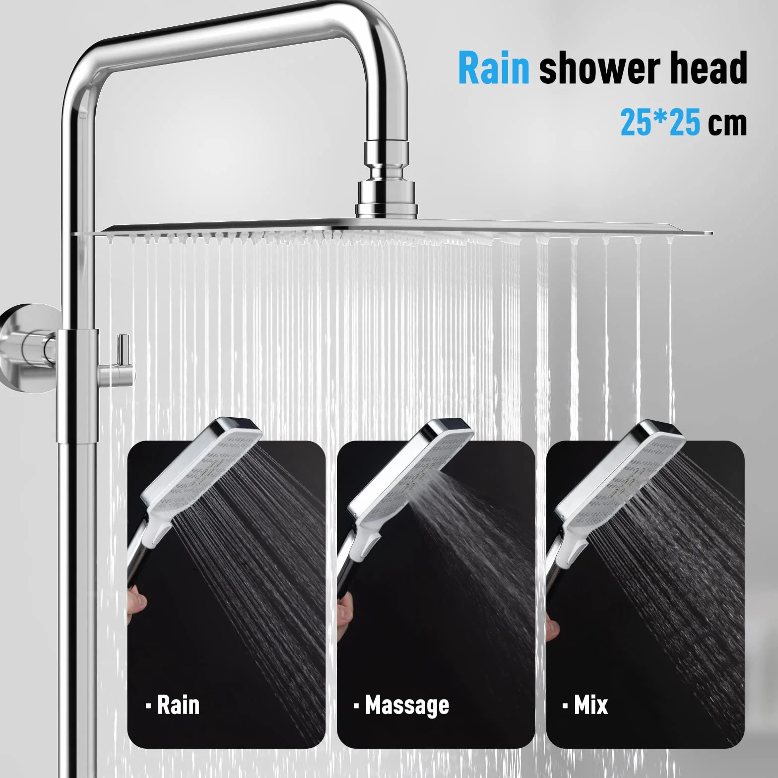 Rainsworth System prysznicowy z termostatem, chromowany, 25 x 25 cm, kwadratowa deszczownica ze stali nierdzewnej, armatura prysznicowa, deszczownica z armaturą, 3 rodzaje strumienia, drążek
