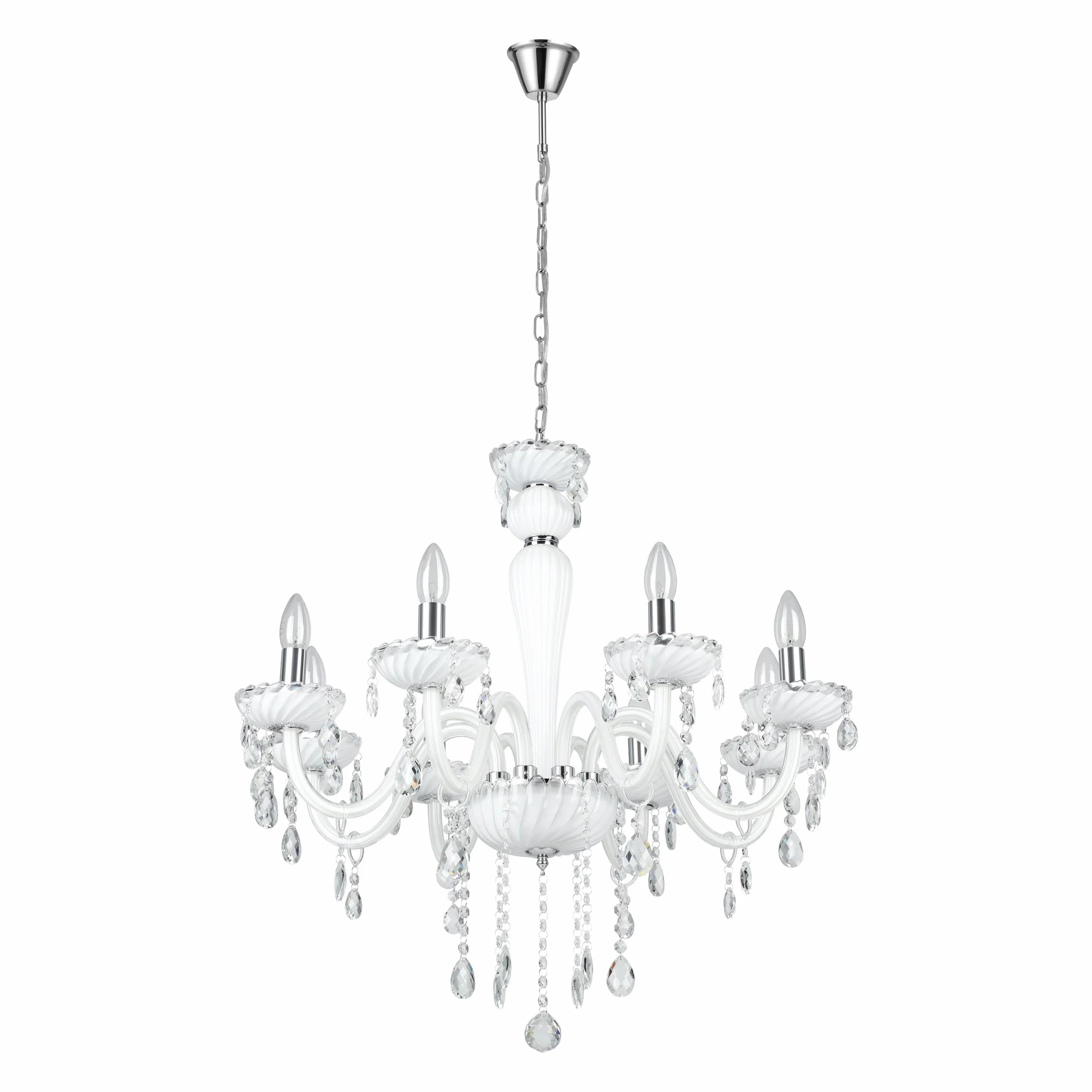 EGLO Lampa wisząca Carpento, 8-płomienny żyrandol w stylu vintage | shabby chic, lampa sufitowa ze stali i szkła w chromie i bieli, lampa nad stół jadalniany, lampa do salonu z oprawą E14