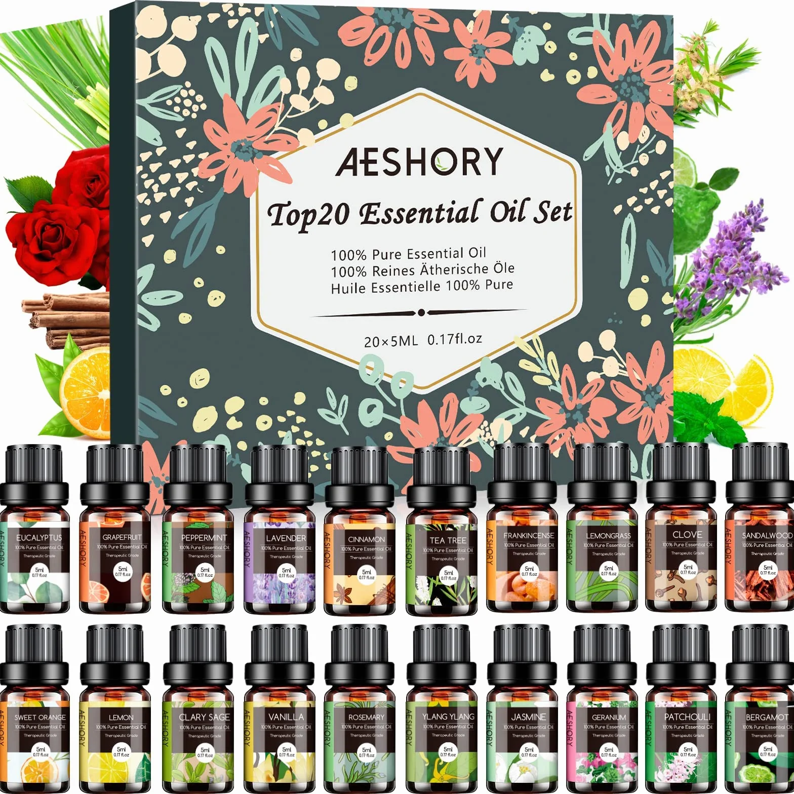 Aeshory Zestaw Olejków Eterycznych 20 X 5 ml, 100% Naturalny Czysty Olejek Eteryczny Do Aromaterapii Do Dyfuzorów Domowych, Nawilżaczy, Do Relaksu, Czyszczenia, Wyrobu Mydła I Świec