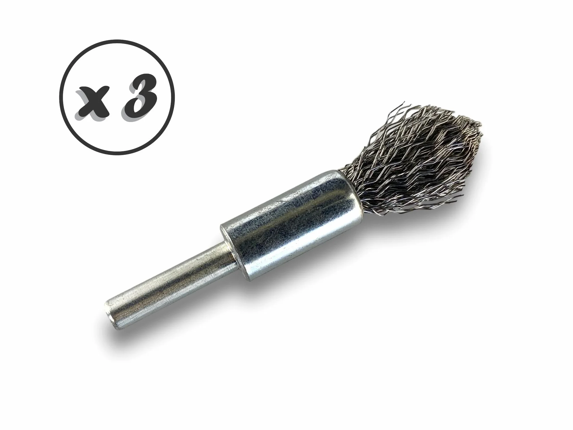 KIBROS 20TC12Px3 zestaw 3 szczotek drucianych ze spiczastym końcem na trzonku | Ø 12 mm | stal twarda 0,40 mm | kształt końcówki | do wiertarki lub wiertarko-wkrętarki | szczotkowanie i bejcowanie |
