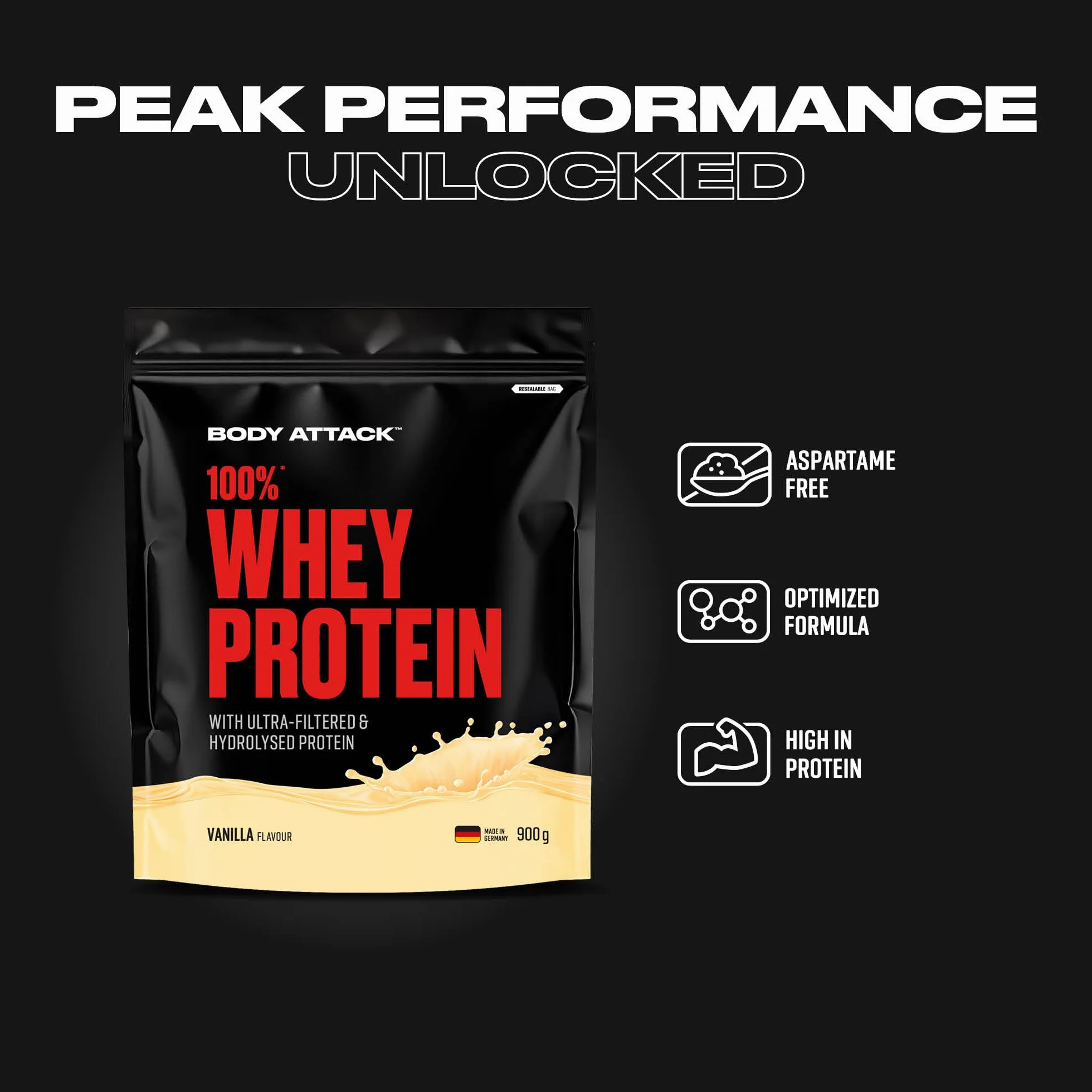 Body Attack 100% WHEY PROTEIN – wanilia – 900 g – Made in Germany – ekstra kremowy proszek białkowy z hydrolizatem i BCAA's, wspomaga budowę mięśni i dietę
