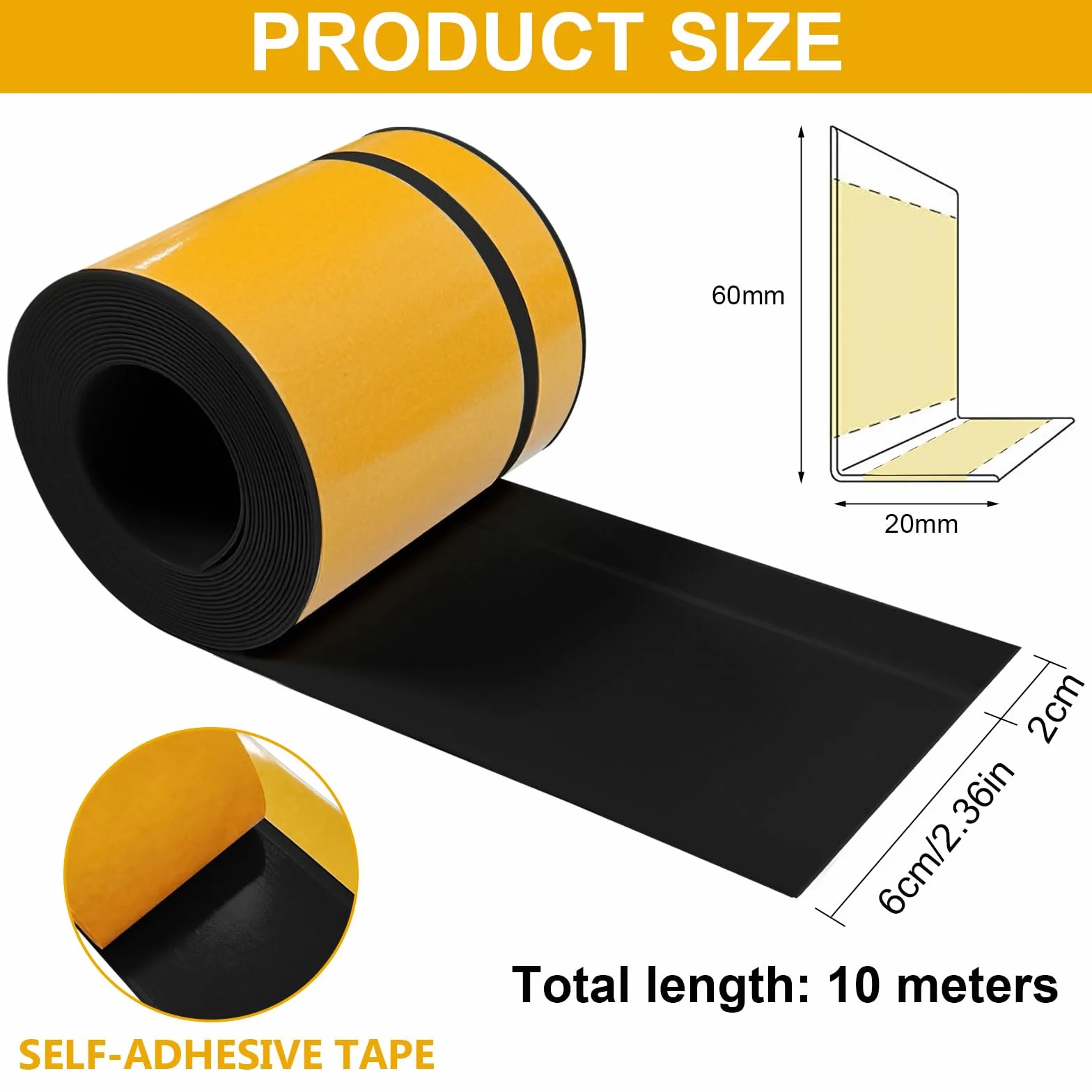 Listwa przypodłogowa, 60 mm x 20 mm x 10 m elastyczna listwa przypodłogowa z PCW, wodoodporna, odporna na zabrudzenia i pleśń, odpowiednia do łazienki i kuchni (czarna)