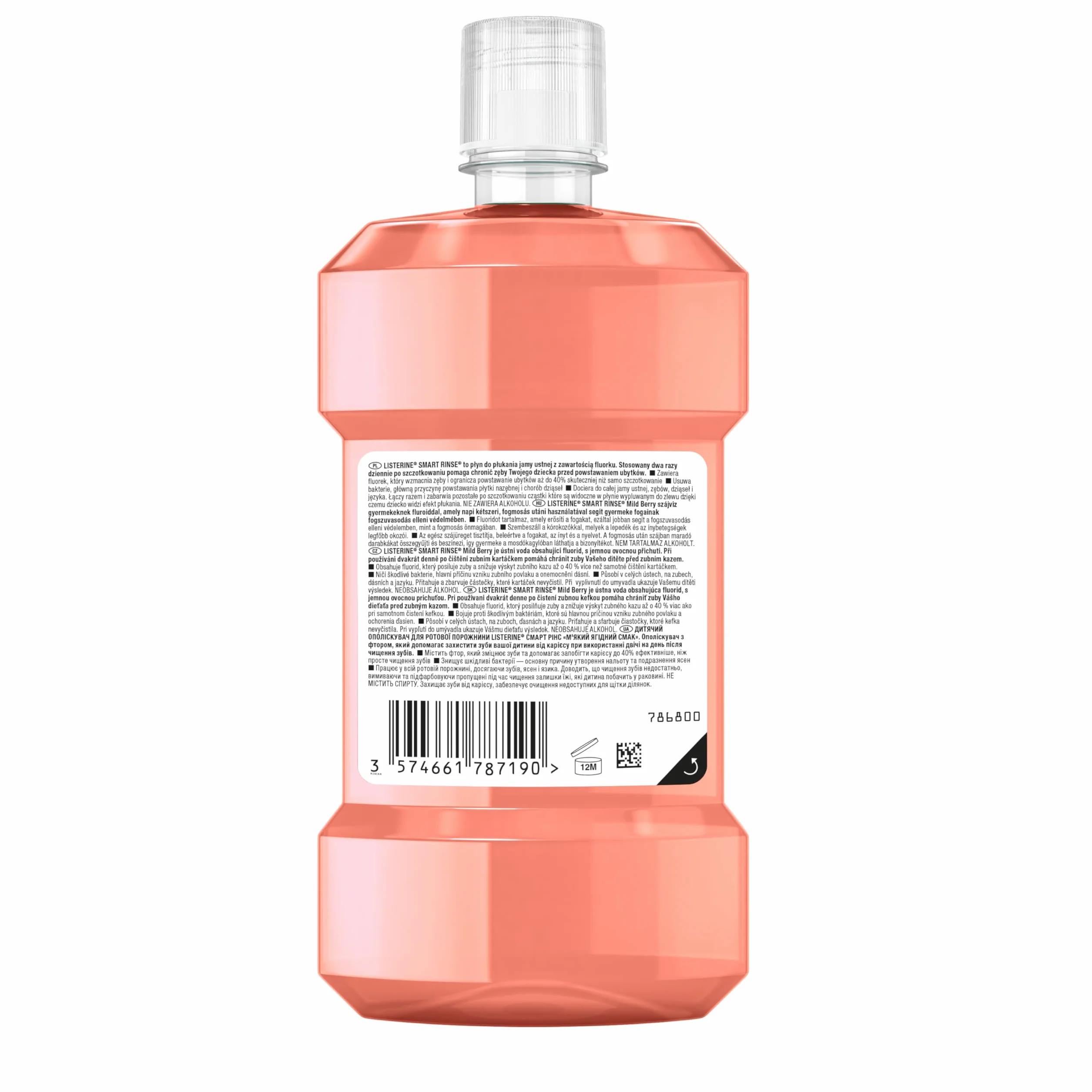LISTERINE Smart Rinse Berry 500 ml, Płyn do płukania jamy ustnej dla dzieci o łagodnym, owocowym smaku bez alkoholu i cukru, Chroni przed próchnicą, Odpowiedni dla dzieci od 6 roku życia