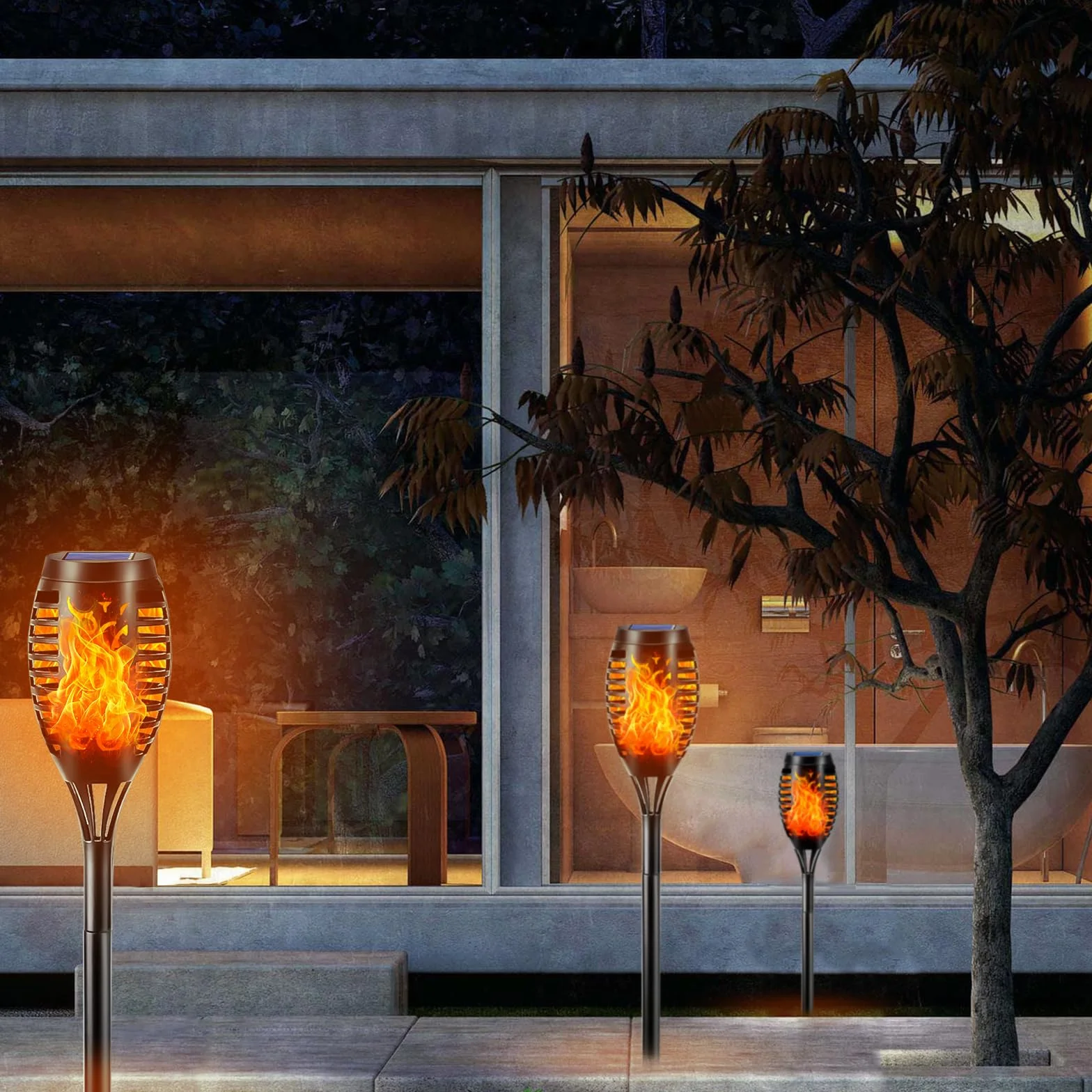 LQWELL Latarki solarne do ogrodu zewnętrznego, 8 sztuki, 12 diod LED, realistyczna lampa ścieżkowa z płomieniem, wodoodporność IP65, do trawnika, patio, dziedzińca (8 sztuki)