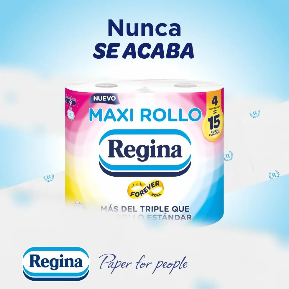 Regina Maxi Rolka – 4 rolki papieru toaletowego, 500 arkuszy 2 warstw na rolkę, więcej niż standardowa rolka, 60% plastikowy pojemnik z recyklingu w 100% z certyfikatem FSC®